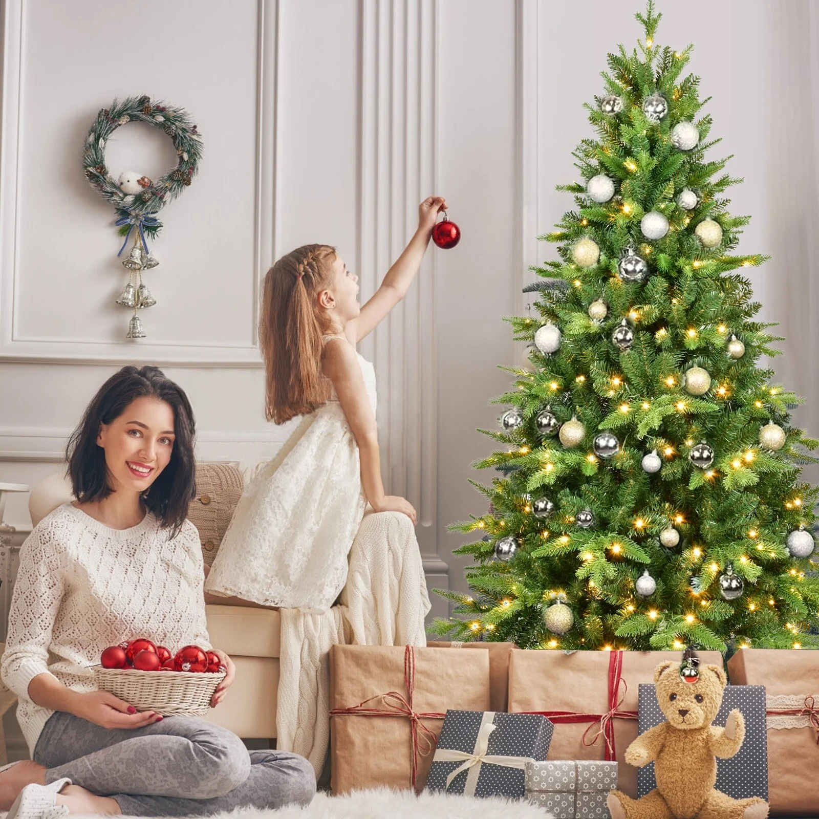 Realistic 6FT Christmas Tree with 1228 Tips, Warm White LEDs, Stable Metal Stand for Holiday Decoration, Office, Home, Party