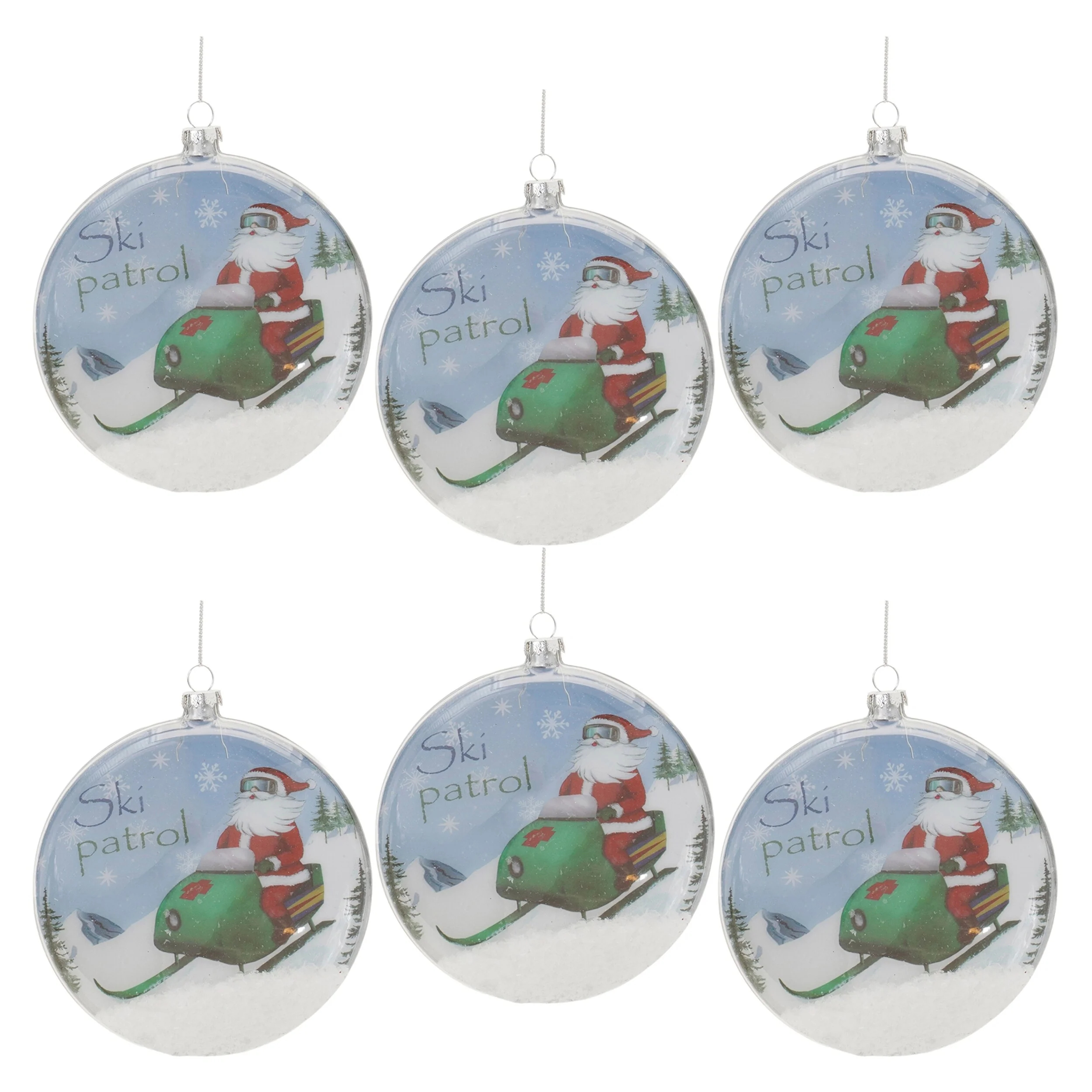 Set of 6 Santa Ski Disc Ornaments Glass Holiday Tree Decor with Silver Hanger - 4.75 x 2 x 5.25