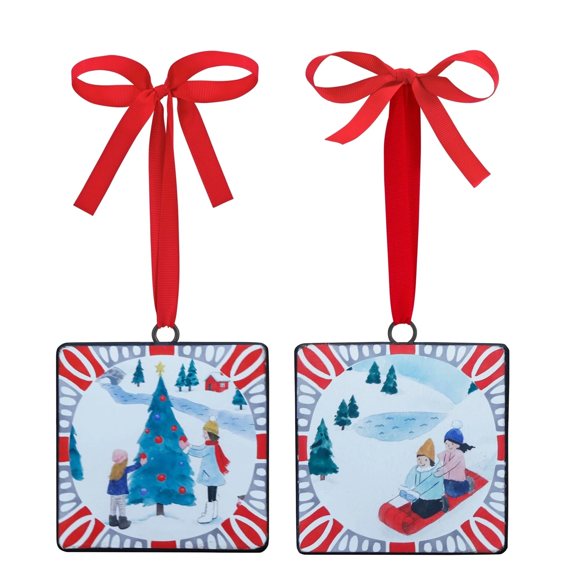 Winter Sledding and Tree Decorating Christmas Tag Ornaments - 5