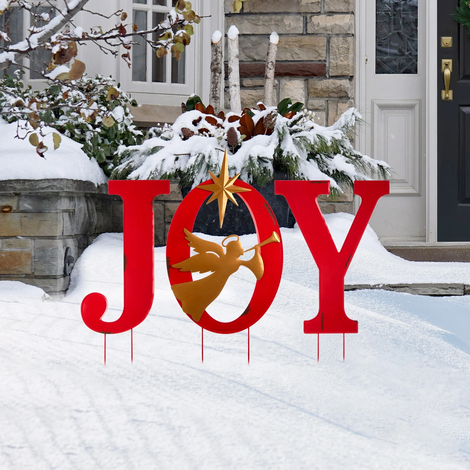 Glitzhome Christmas Metal JOY HOPE Sign Snowmen Yard Stake Wall Sign Standing Decor
