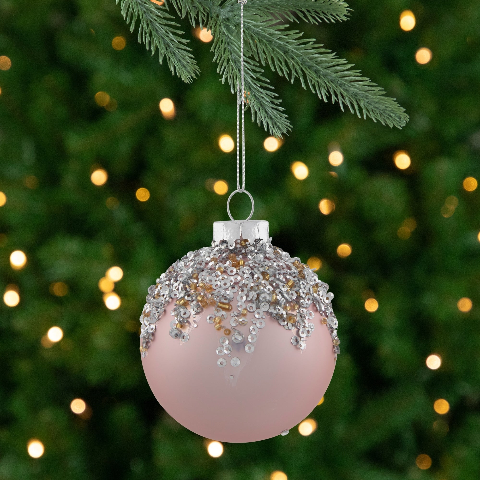 4ct Pink Beaded Sequined Glass Ball Christmas Ornament Set 2.75
