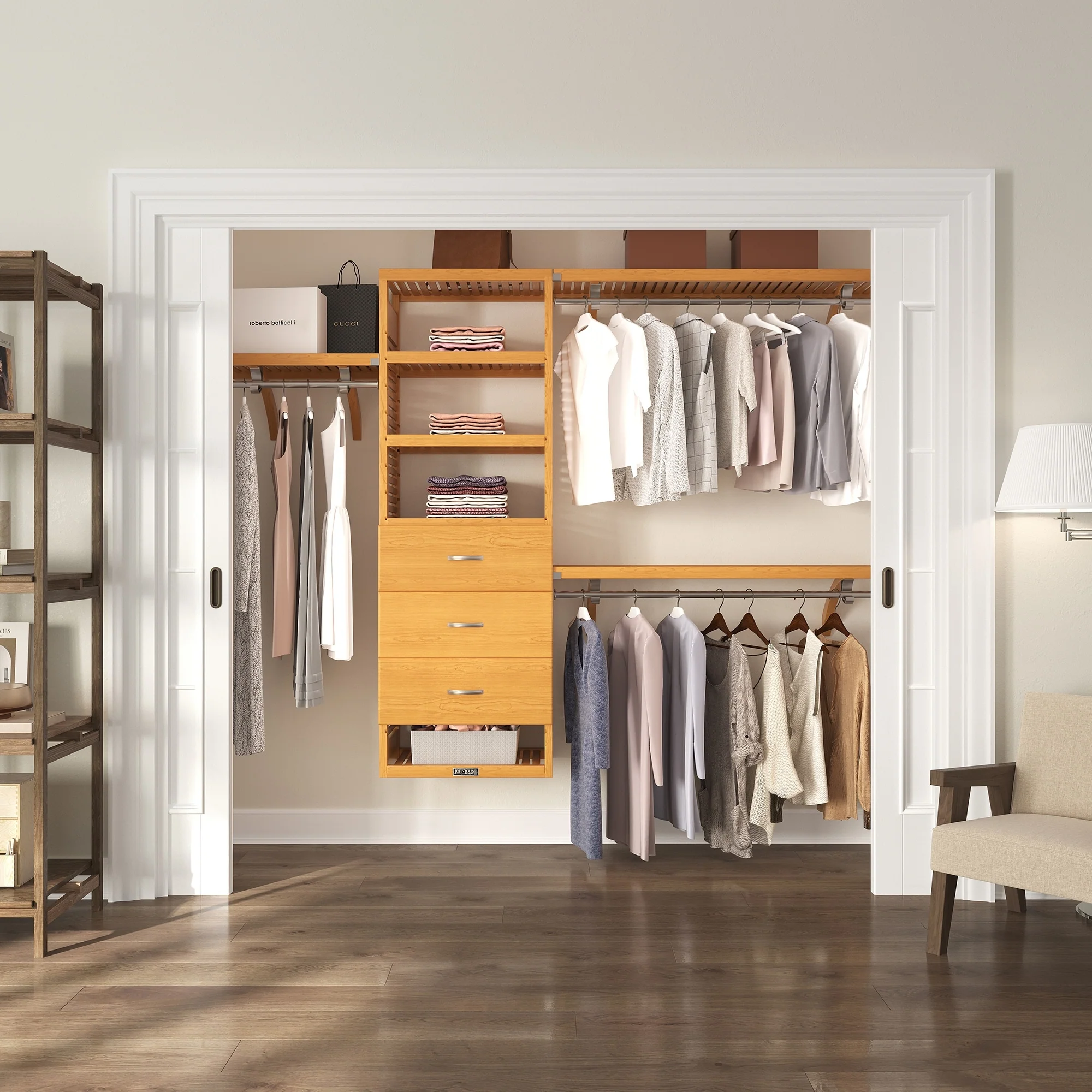 John Louis Home Solid Wood Walk-In Closet System with 3-Drawers Honey Maple