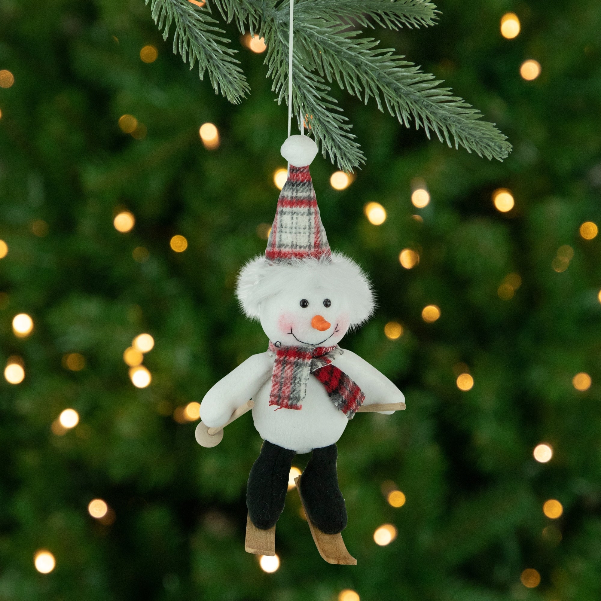 Skiing Snowman with Plaid Santa Hat and Matching Scarf Christmas Ornament - 12
