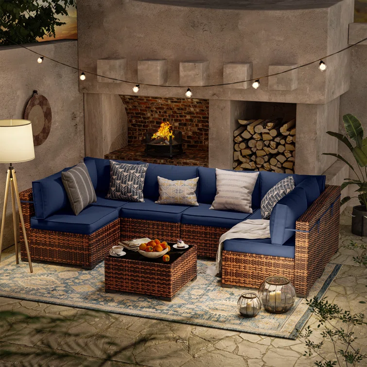 7 Piece Rattan Sectional Seating Group with Cushions