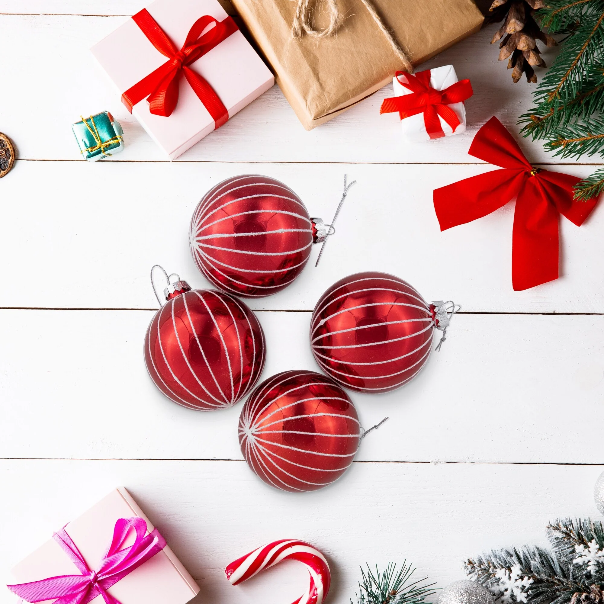 4Ct Shiny Red White Striped Glass Ball Christmas Ornaments 3