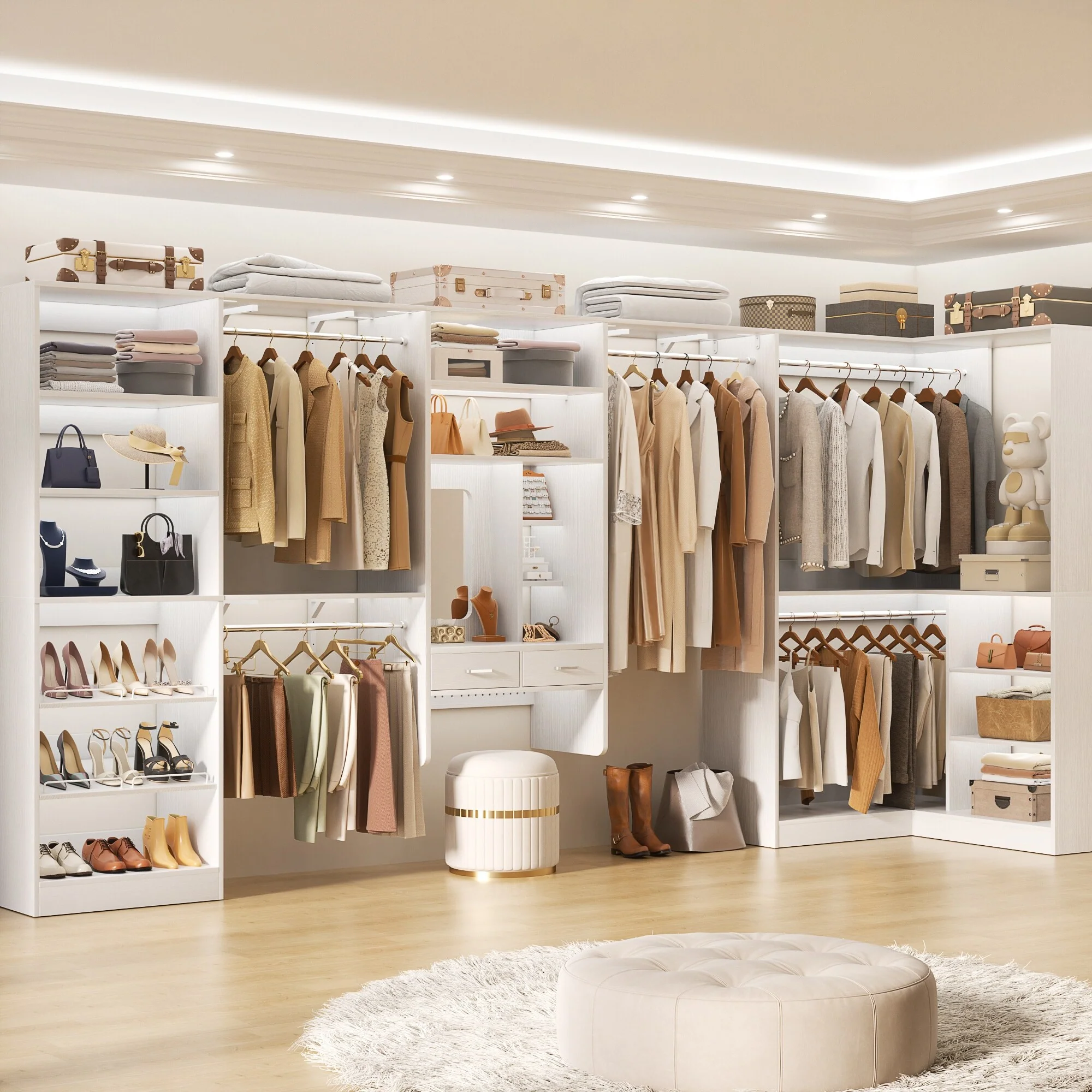 Cimly 131'' - 156'' Closet System with Makeup Vanity, All-in-one Corner Closet Organizer with Shoe Rack and Tower Shelves