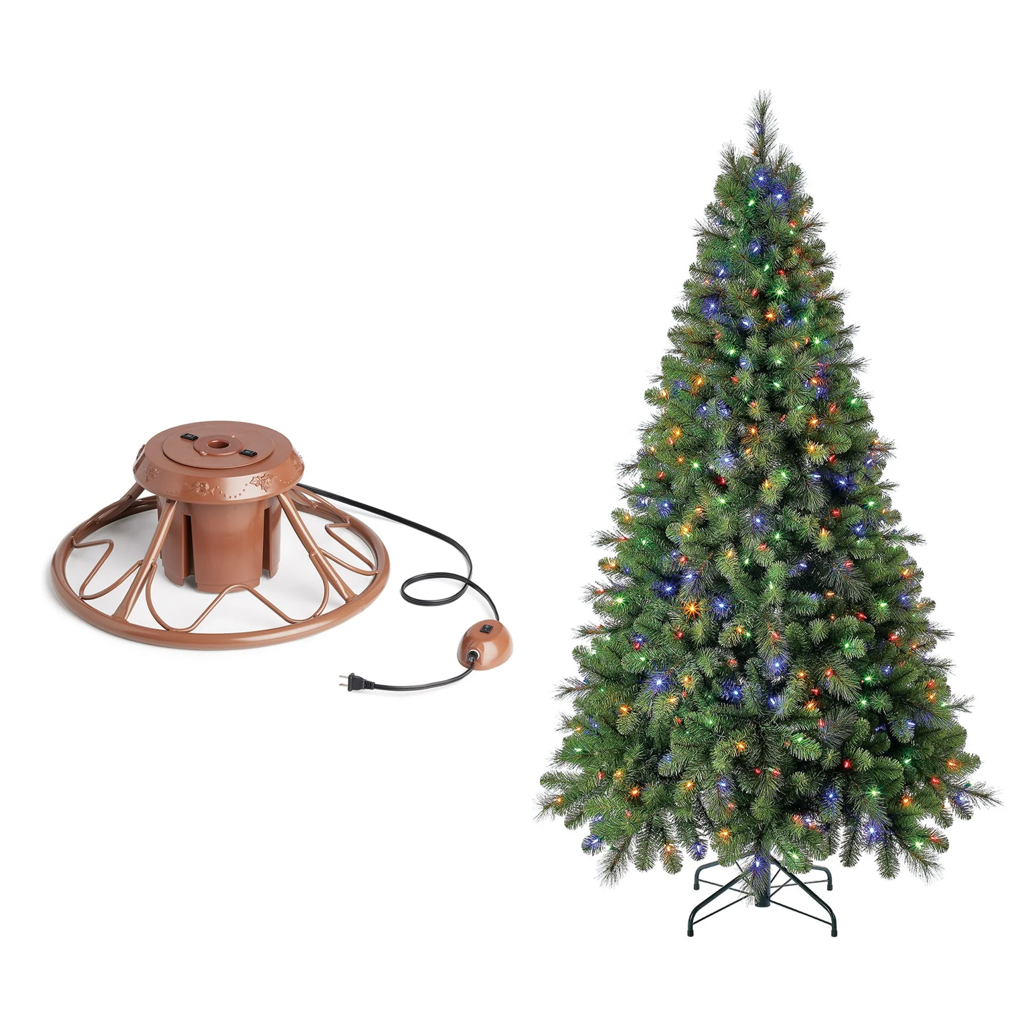 Home Heritage Rotating Tree Stand Base w/ Cascade 7 Ft Pre-Lit Holiday Tree - 27.3