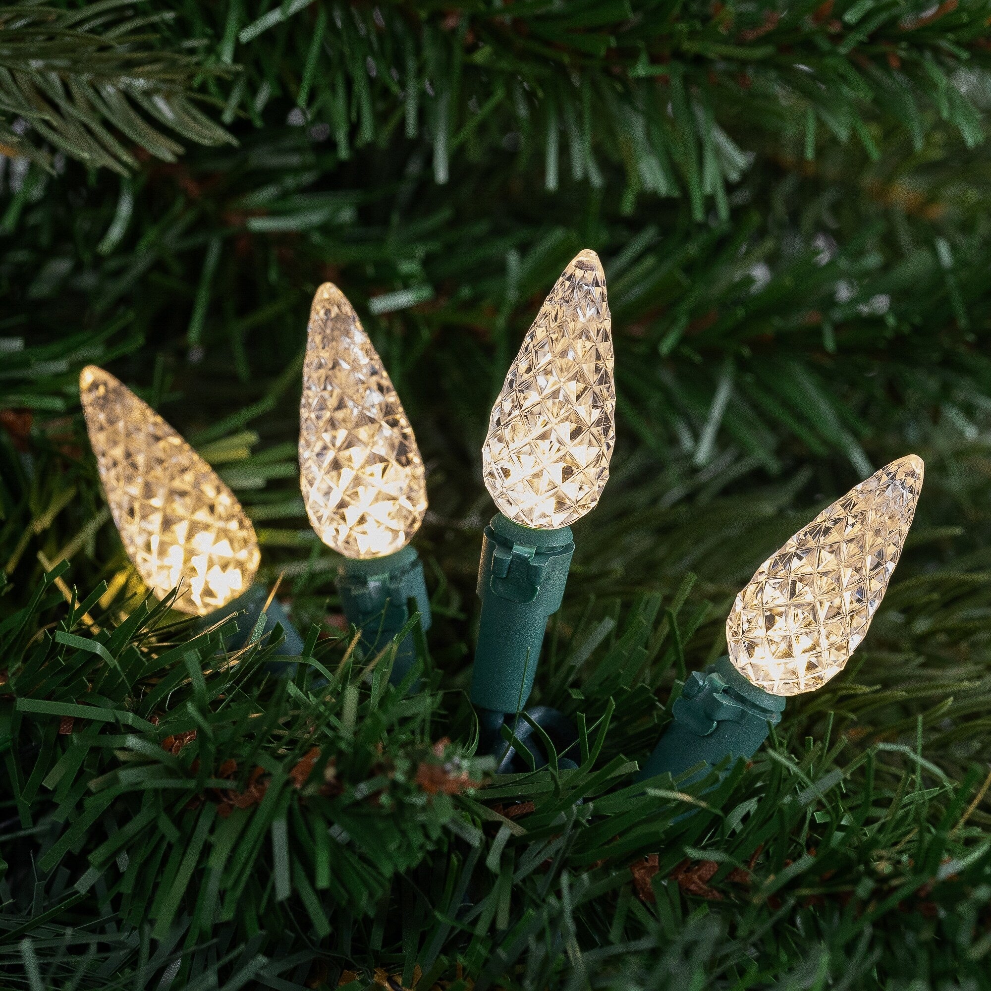 200ct Warm White LED Faceted C6 Christmas Lights, 66.25 Ft Green Wire