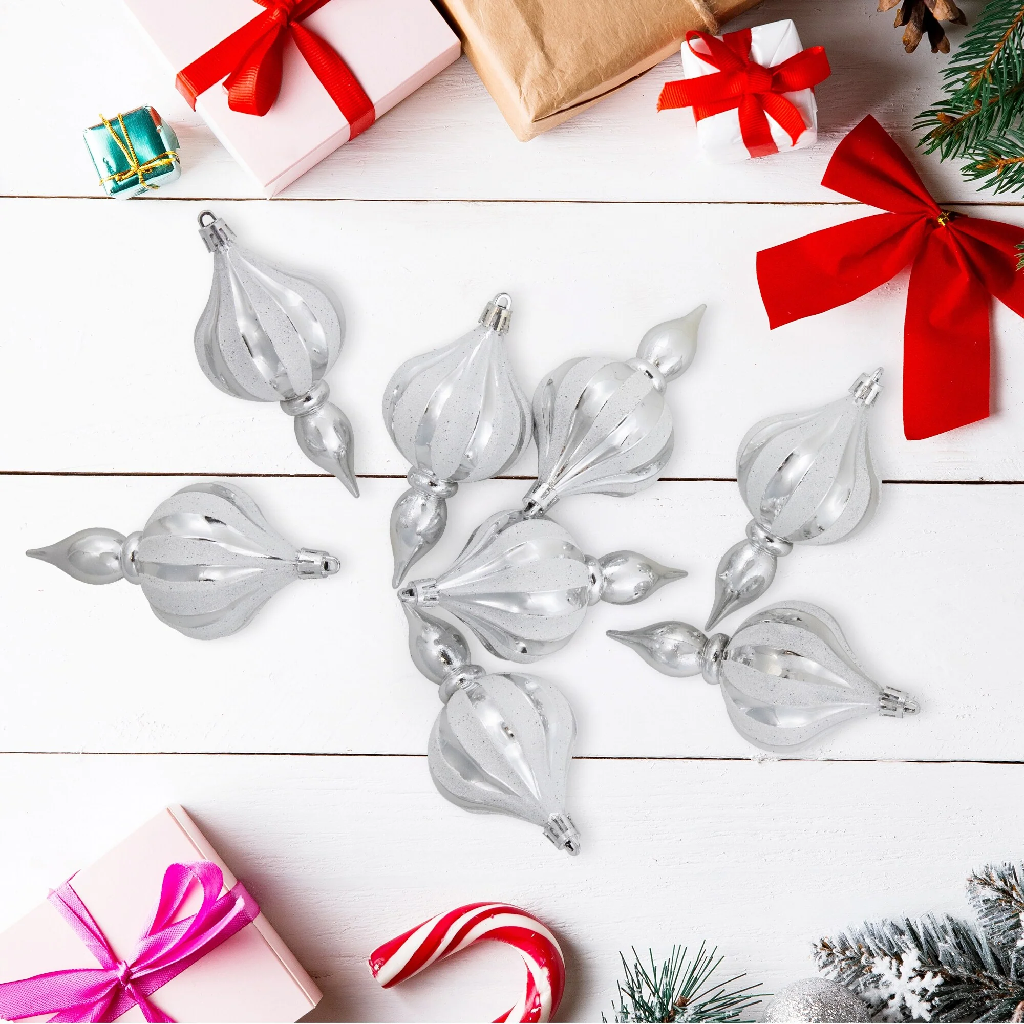 8ct Silver Shatterproof Finial Christmas Ornaments, 4.75