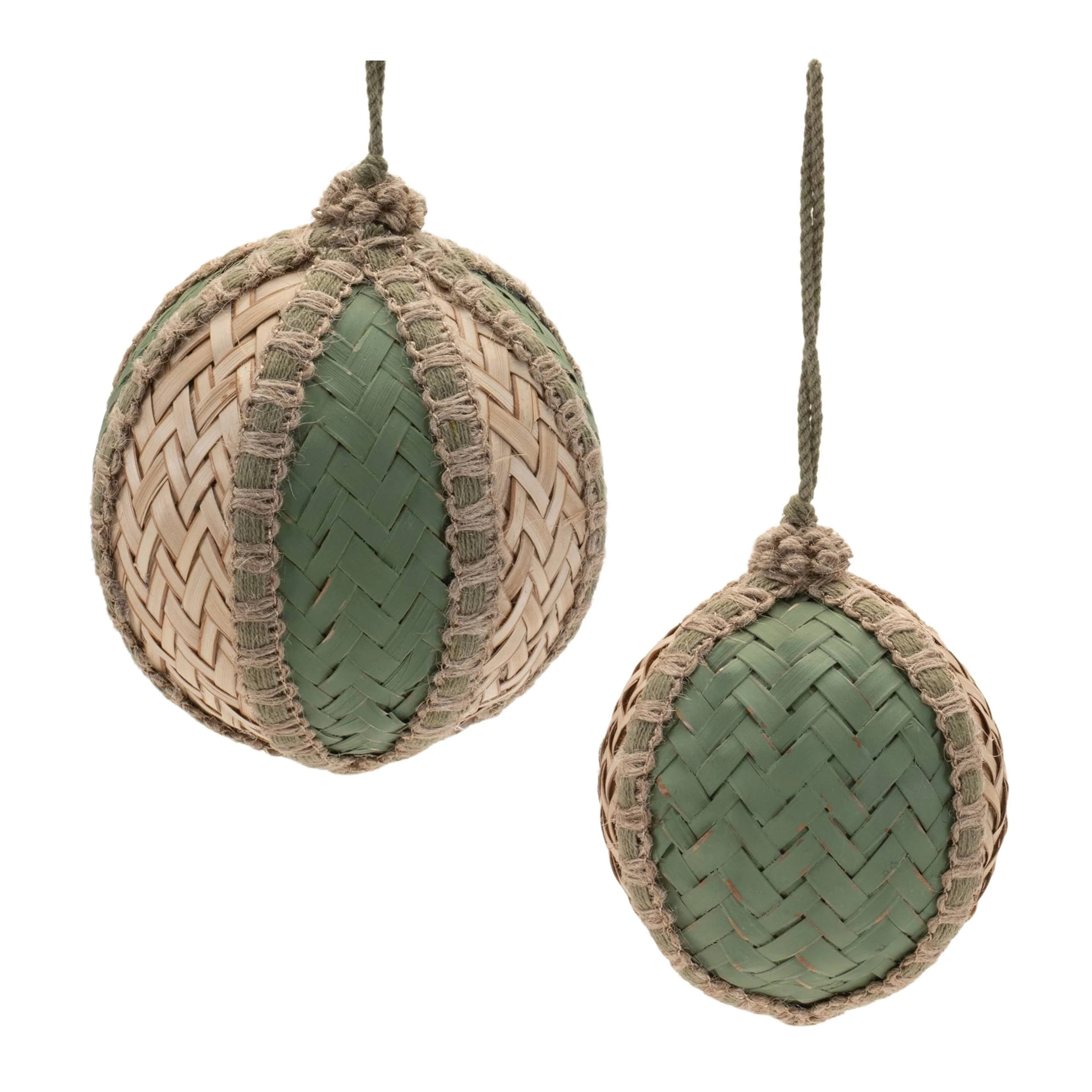 Set of 4 Green Beige Woven Wicker Ball Ornaments with Jute Rope Hangers for Christmas Tree and Garland Decor