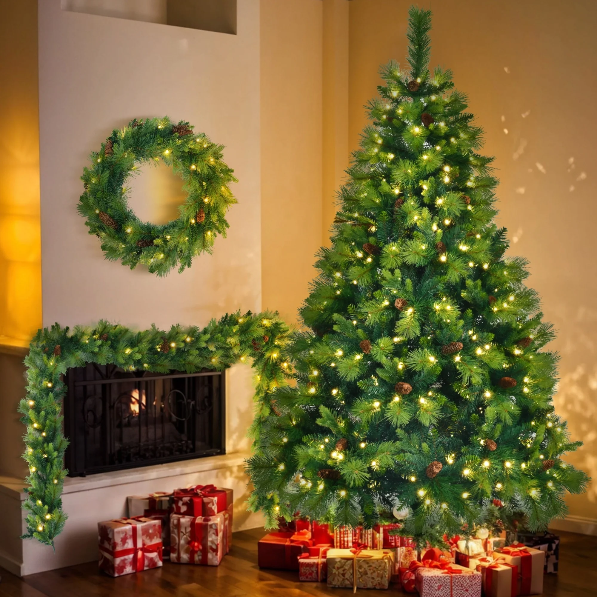 6FT Grass Green Christmas Tree,Large Branches Pine Tree,Pre-Lit Set with Tree & Garland & Wreath - N/A