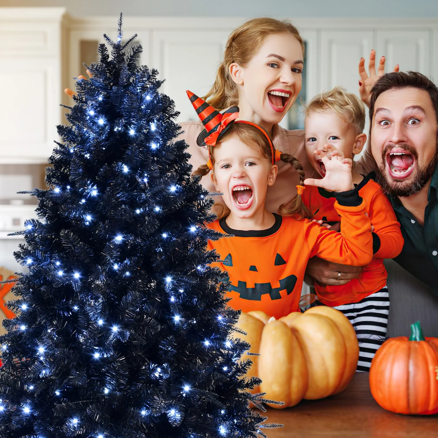 7.5FT Artificial Black Christmas Tree with Metal Hinges 500 Incandescent Lights