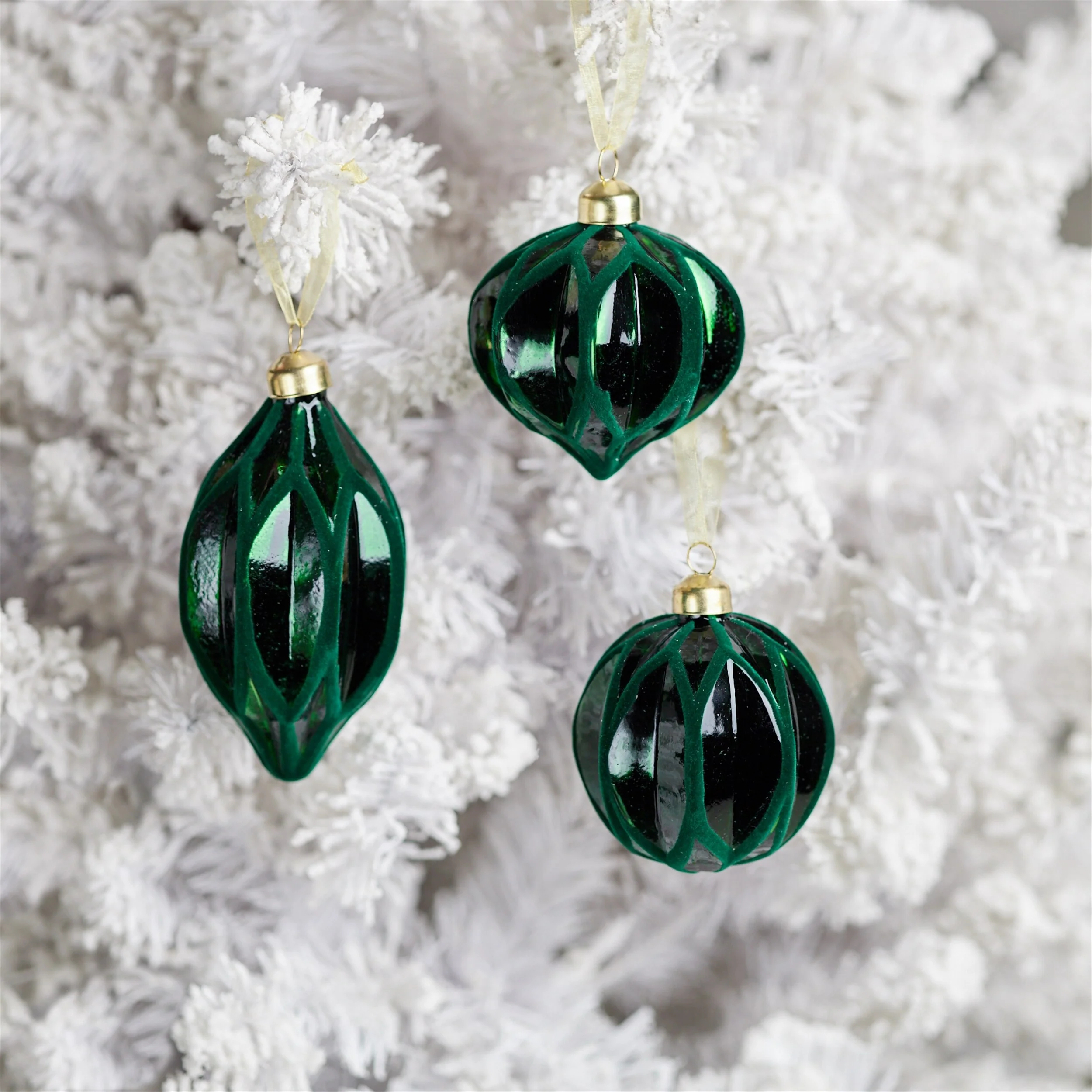 Green Velvet Glass Ribbed Ornaments Set of 12 Ball Onion Oblong Decor - 3” x 3” x 3.5” (L x W x H)