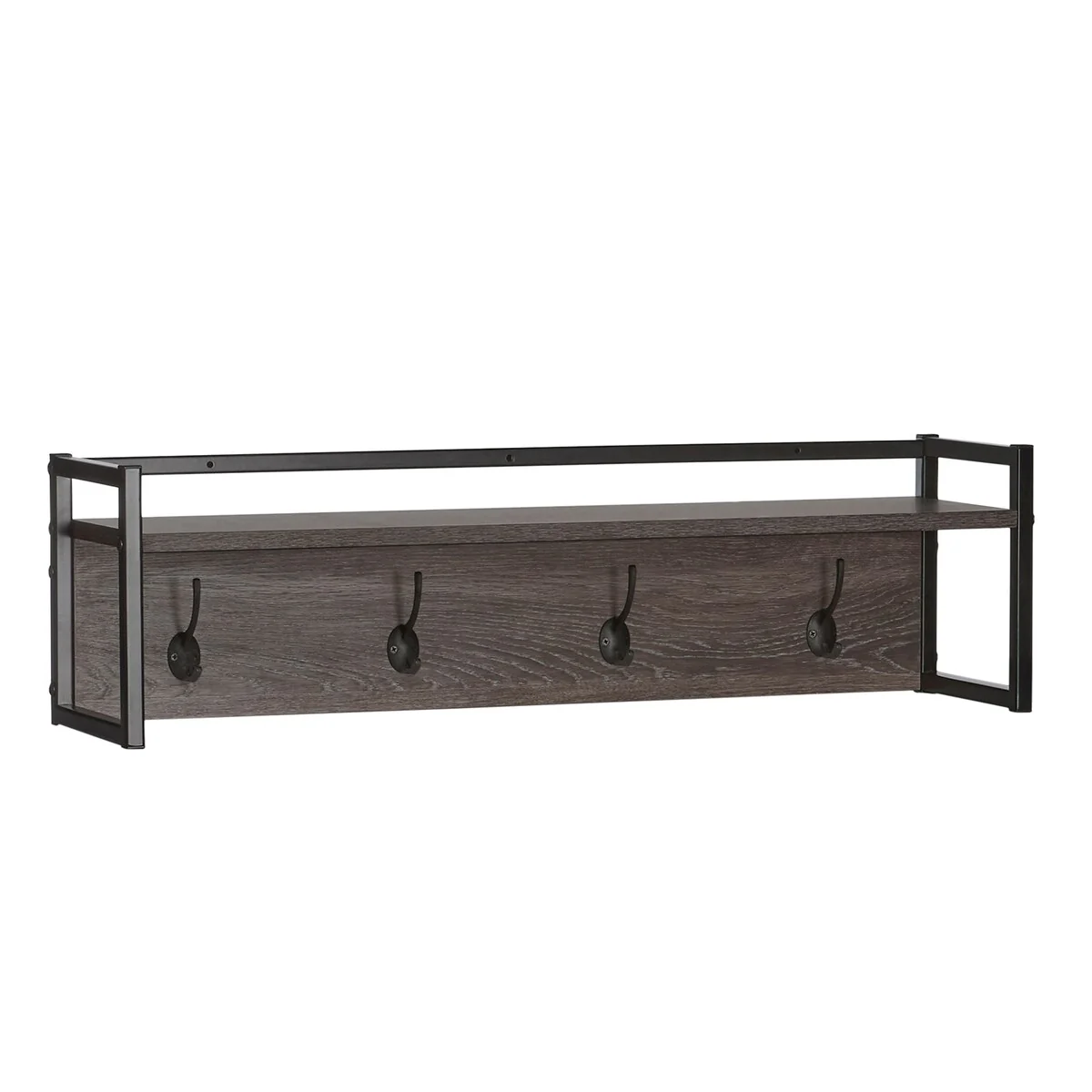 RiverRidge Afton 4-Hook Wall Mount Entryway Organizer Coat Rack Hanger - Weathered Woodgrain and Dark Brown Hooks