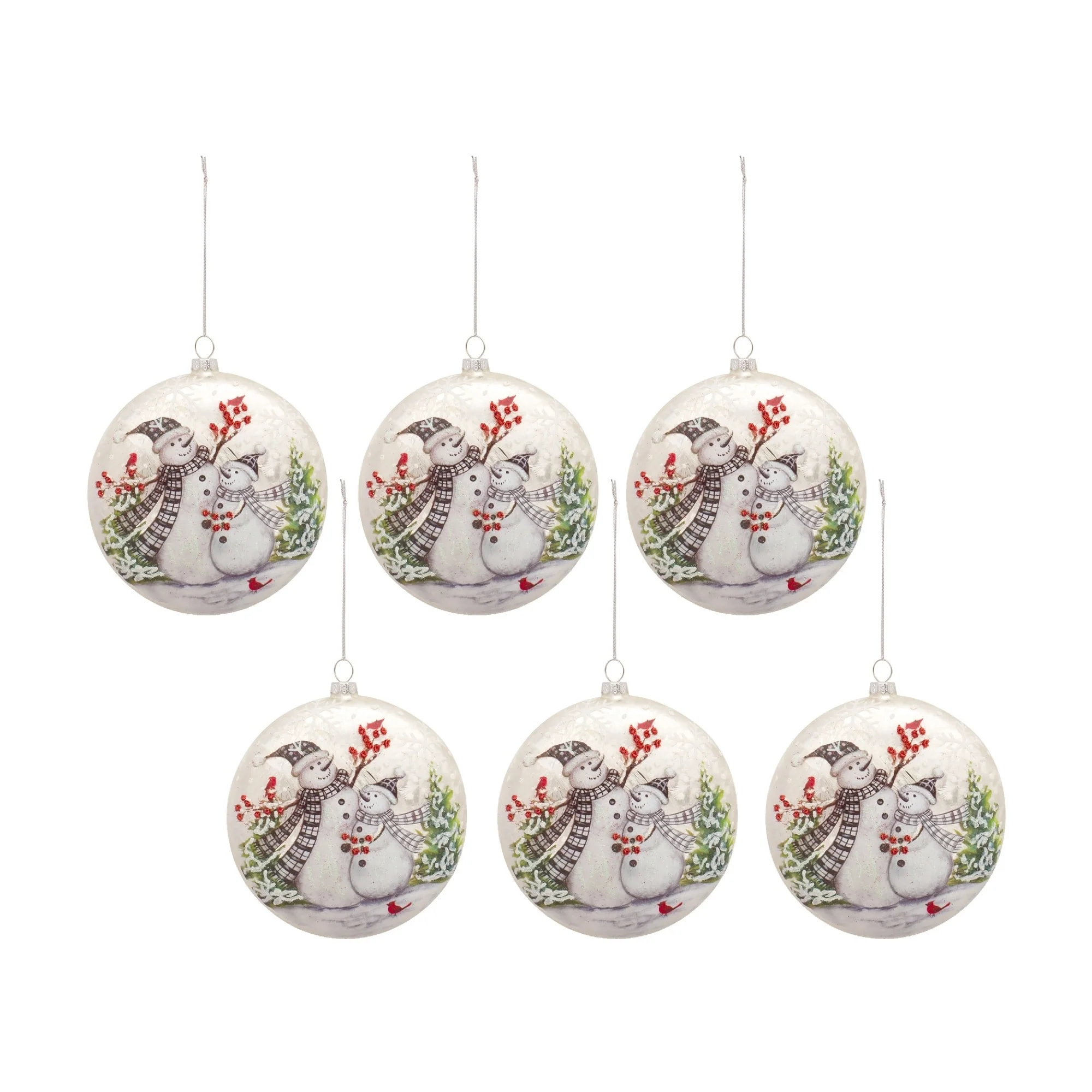 Set of 6 Snowmen Berries Cardinals Glass Christmas Ball Ornaments 5.5