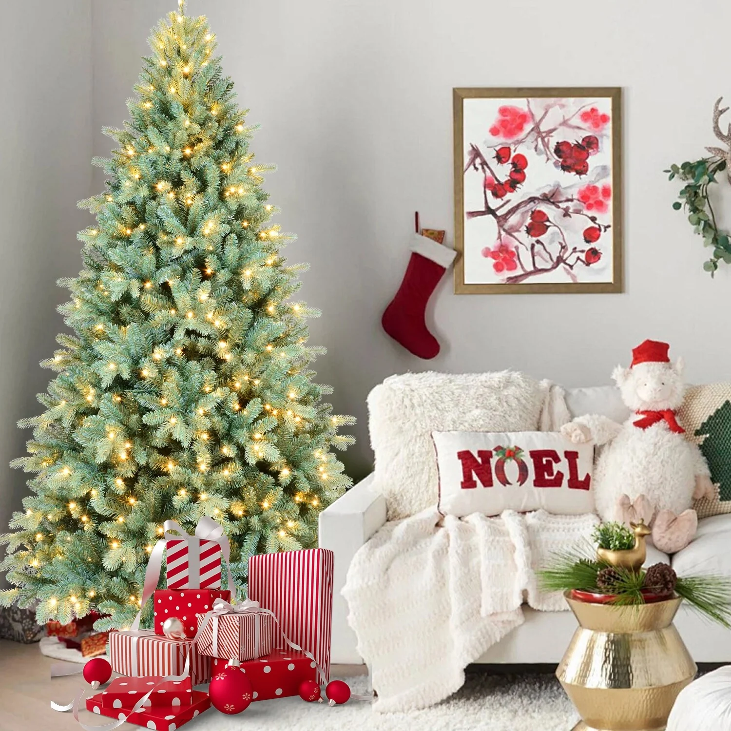 4FT Blue PE/PVC Christmas Tree with 150 Warm White LED Lights-475 Tips, Hinged Branch Design, Full Natural Look, Metal Stand