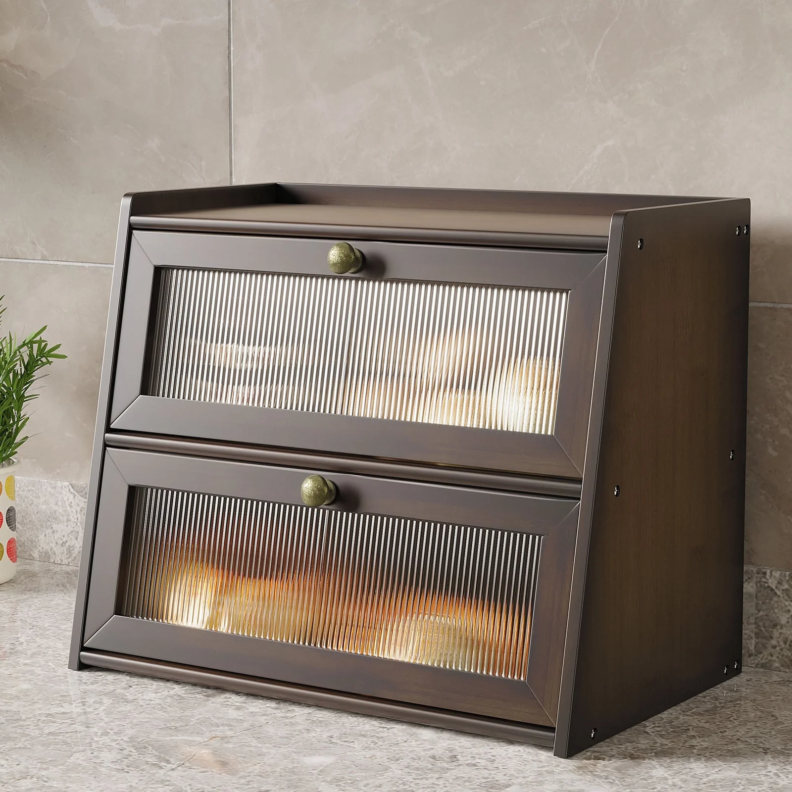 Double Layer Bamboo Bread Box for Kitchen Counter, Large Capacity Bread Storage Bin with Window Bread Holder.