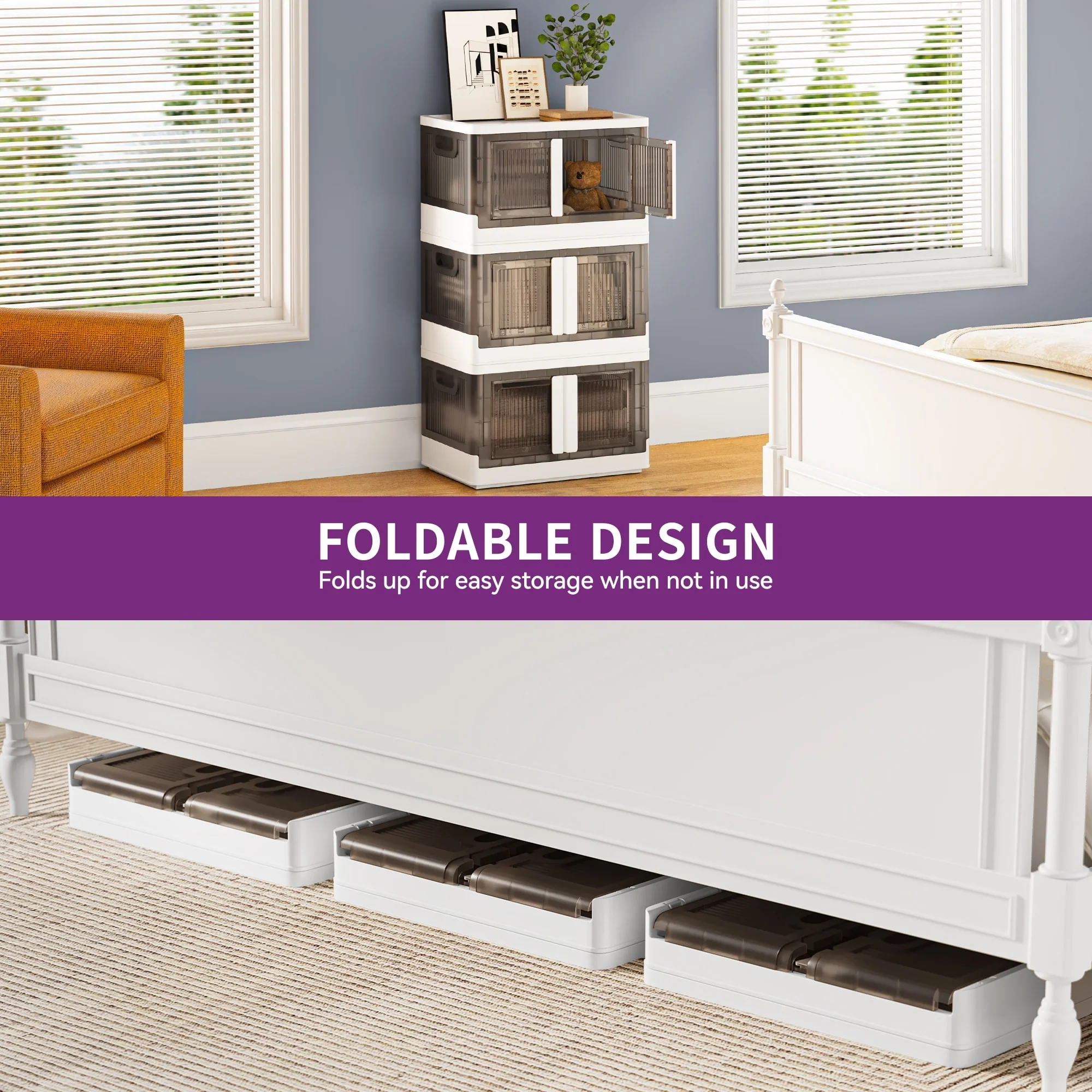Moasis Plastic Storage Closet Stackable Side Opening Collapsible Storage Box - 3 Pcs