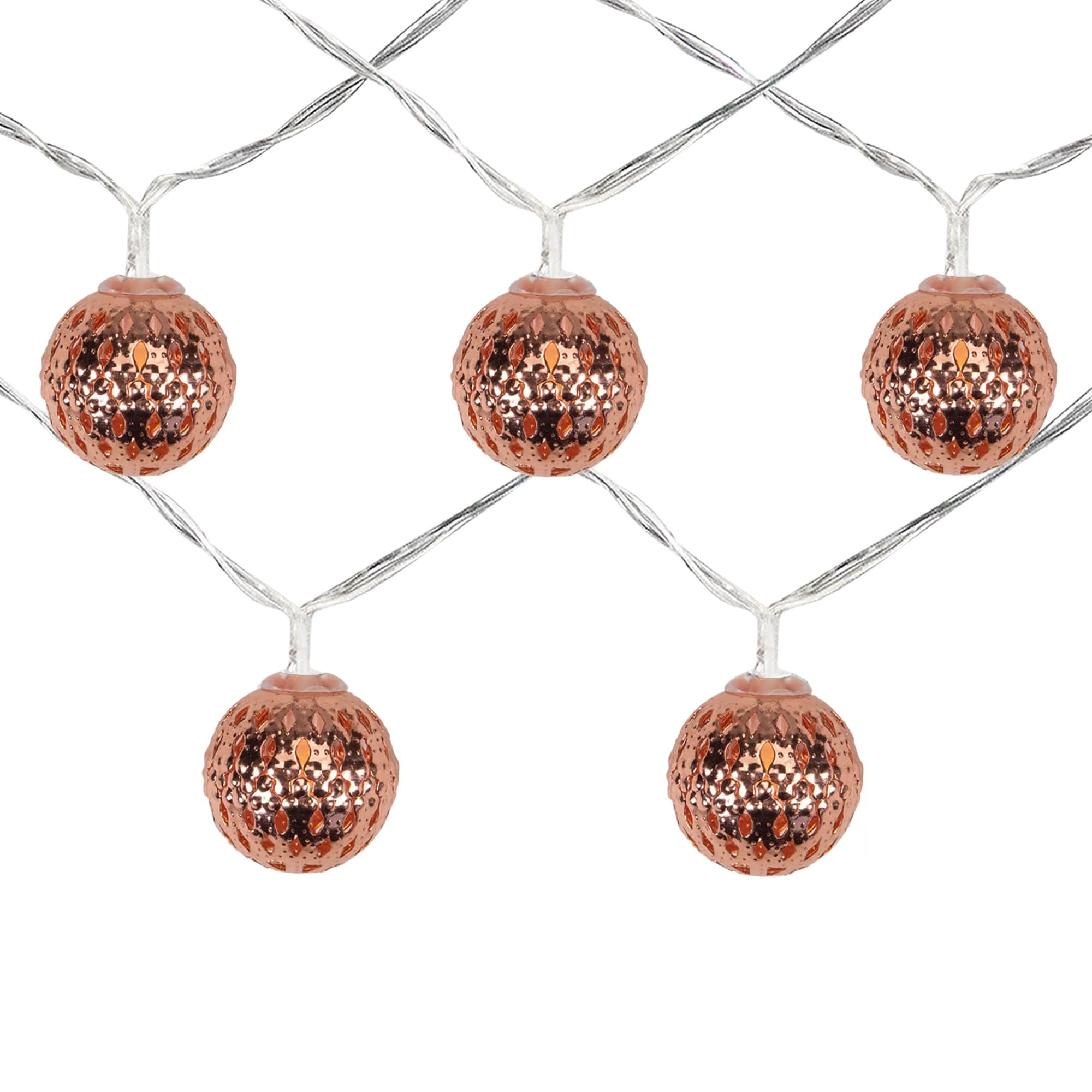 10 B/O LED White Rose Gold Ball Christmas Lights - 6.25 ft Clear Wire