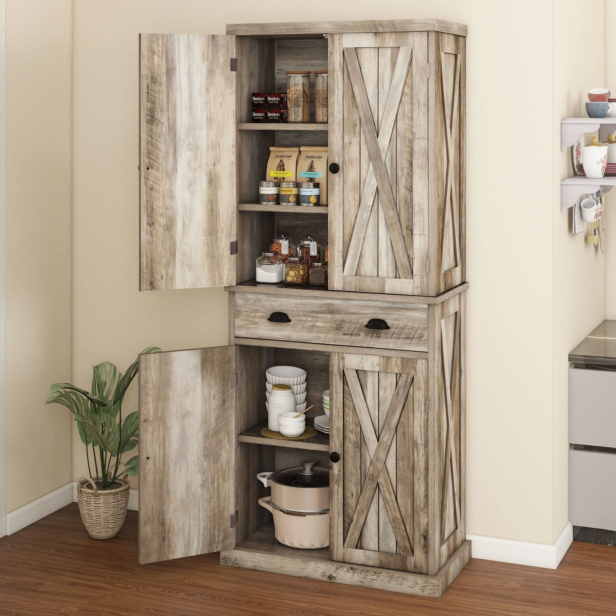 Moasis Farmhouse Freestanding 72'' Kitchen Pantry Storage Cabinet Cupboard with Drawer Adjustable Shelves