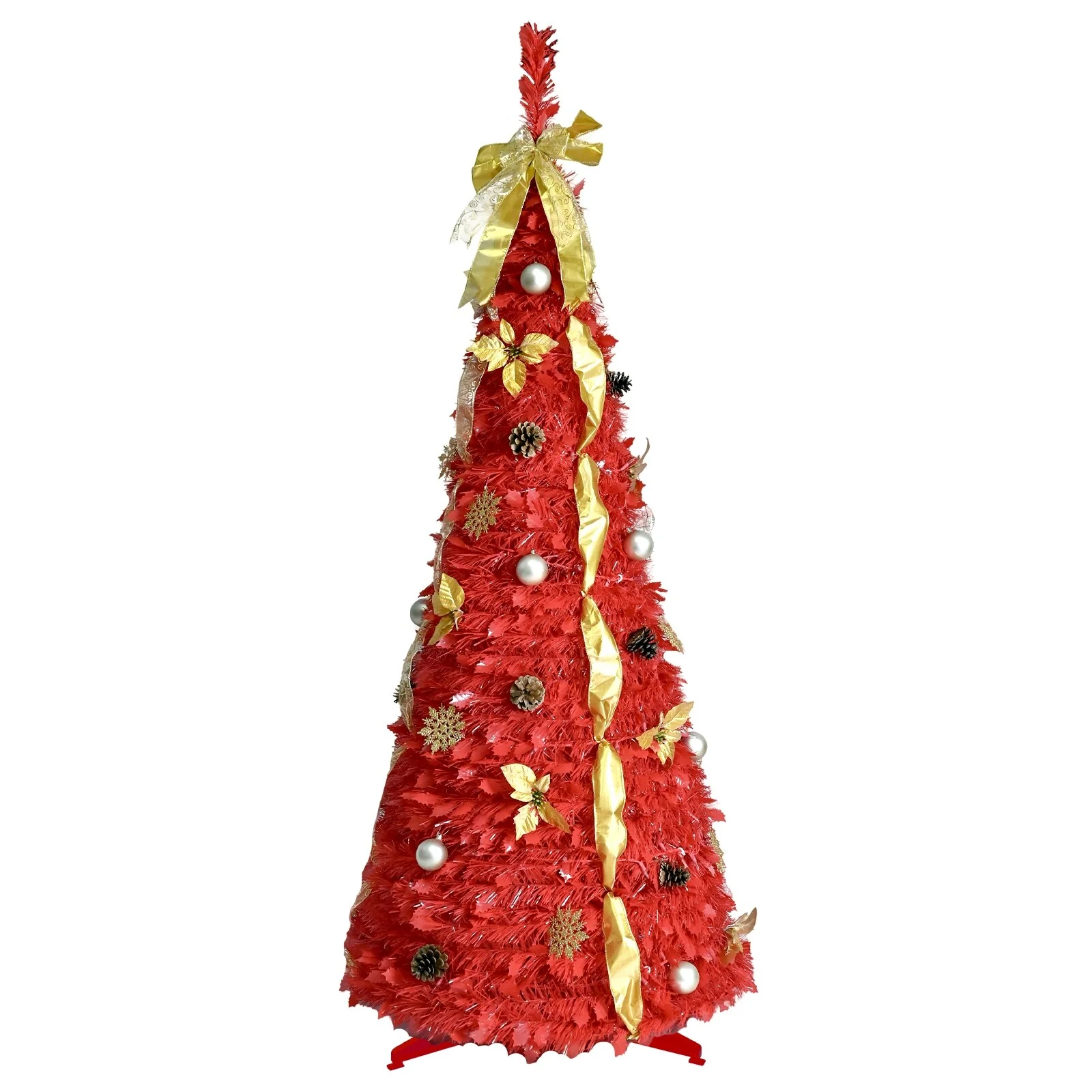 6FT Red Pop-Up Christmas Tree with 150 LED Lights, Ornaments Included