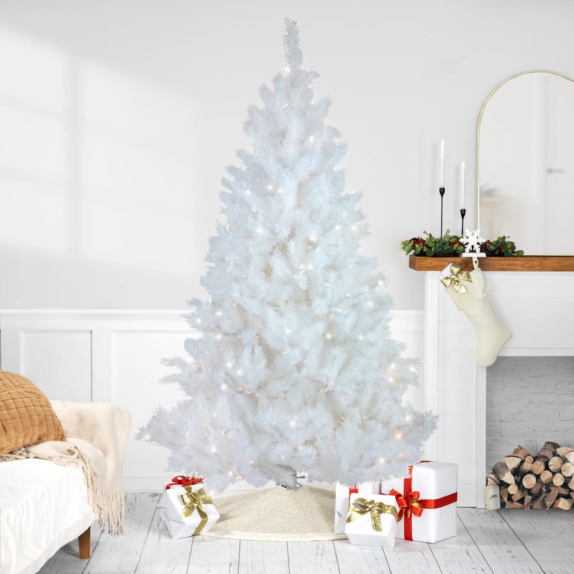 6.5' White Alaskan Pine Artificial Christmas Tree, Warm White LED - 6.5 Foot