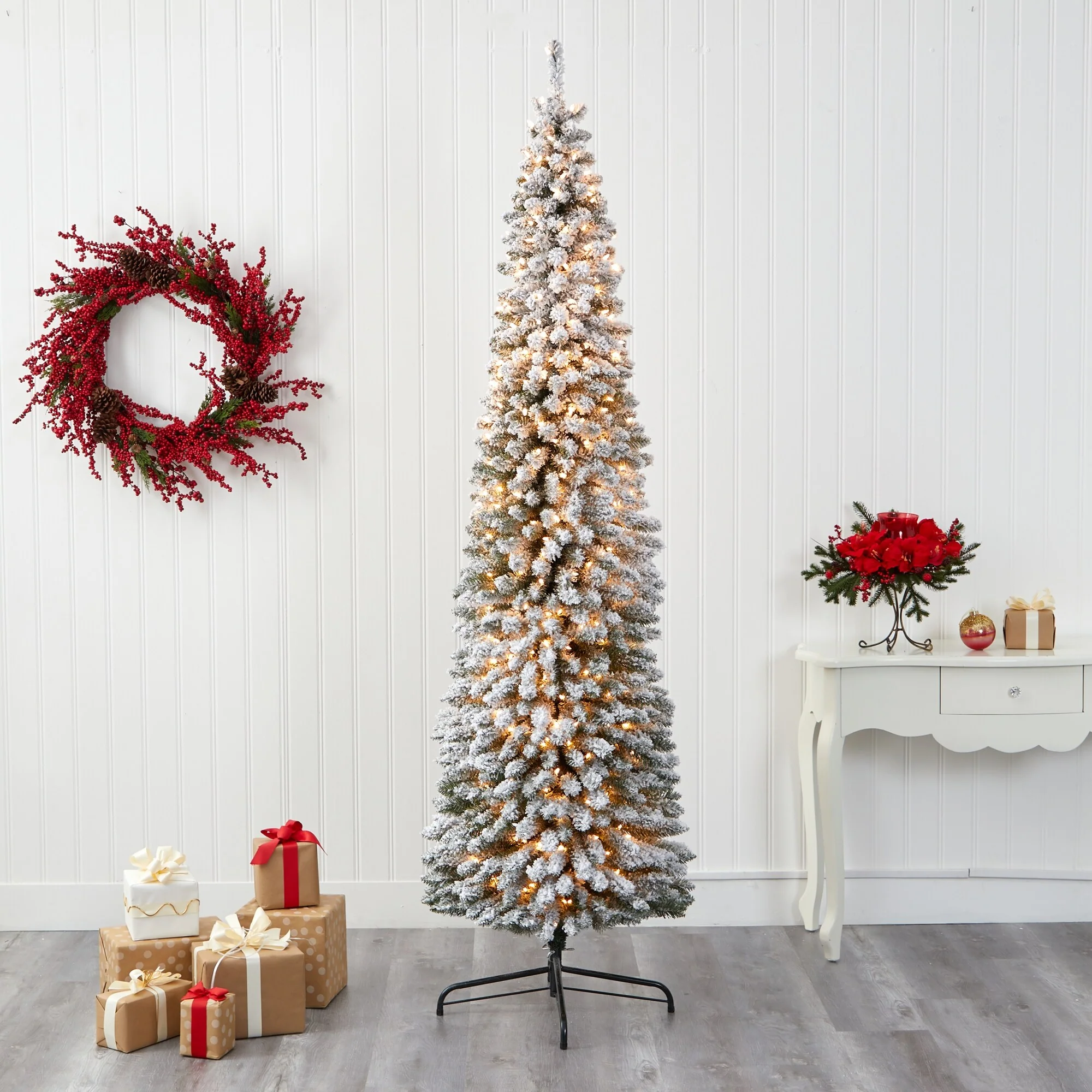 8’ Pre-Lit Pencil Flocked Artificial Christmas Tree, Clear LED Lights - 8 Foot