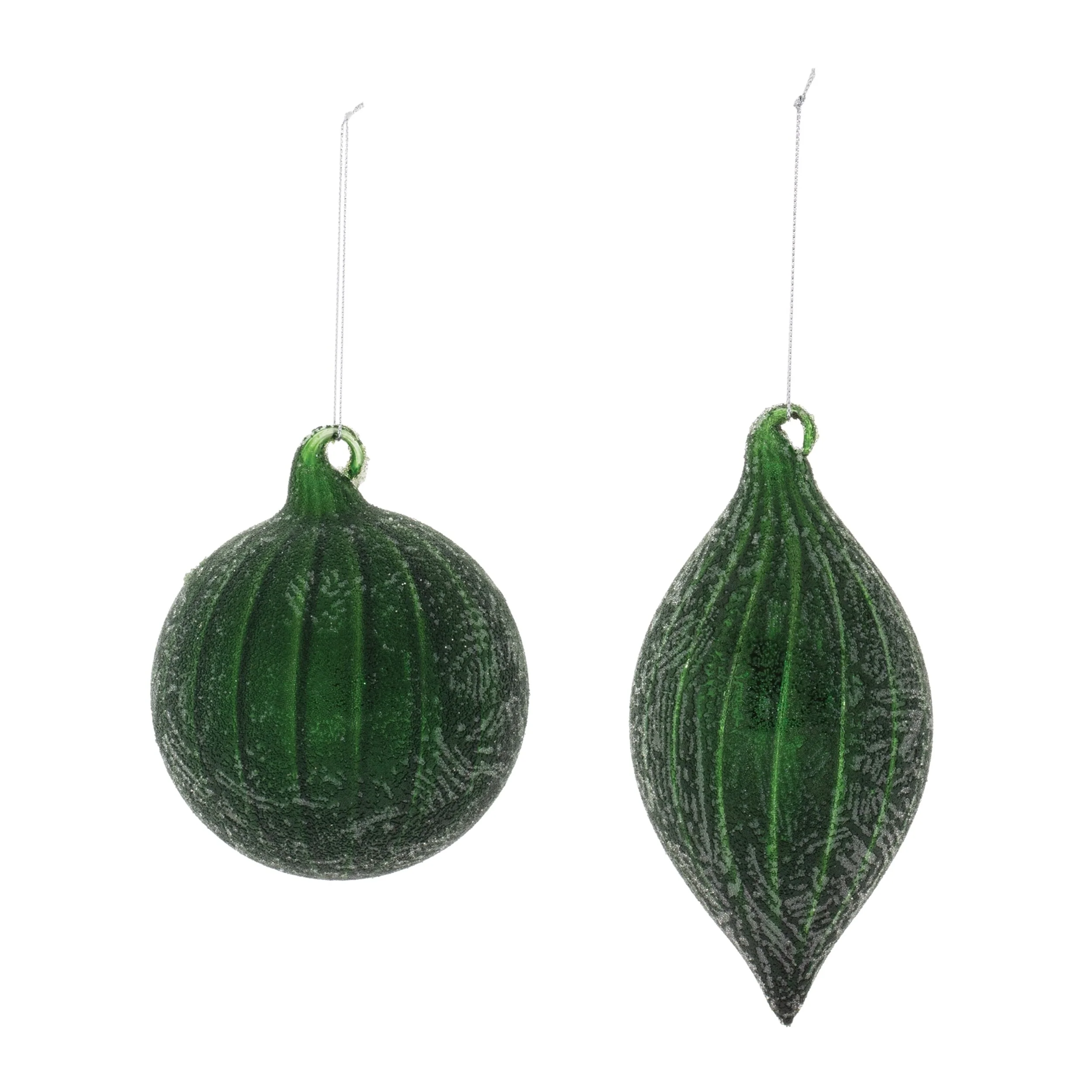 Glass Beaded Ornaments Set of 6 with Ribbed Texture and String Hangers - 4” x 4” x 4.75” (L x W x H)