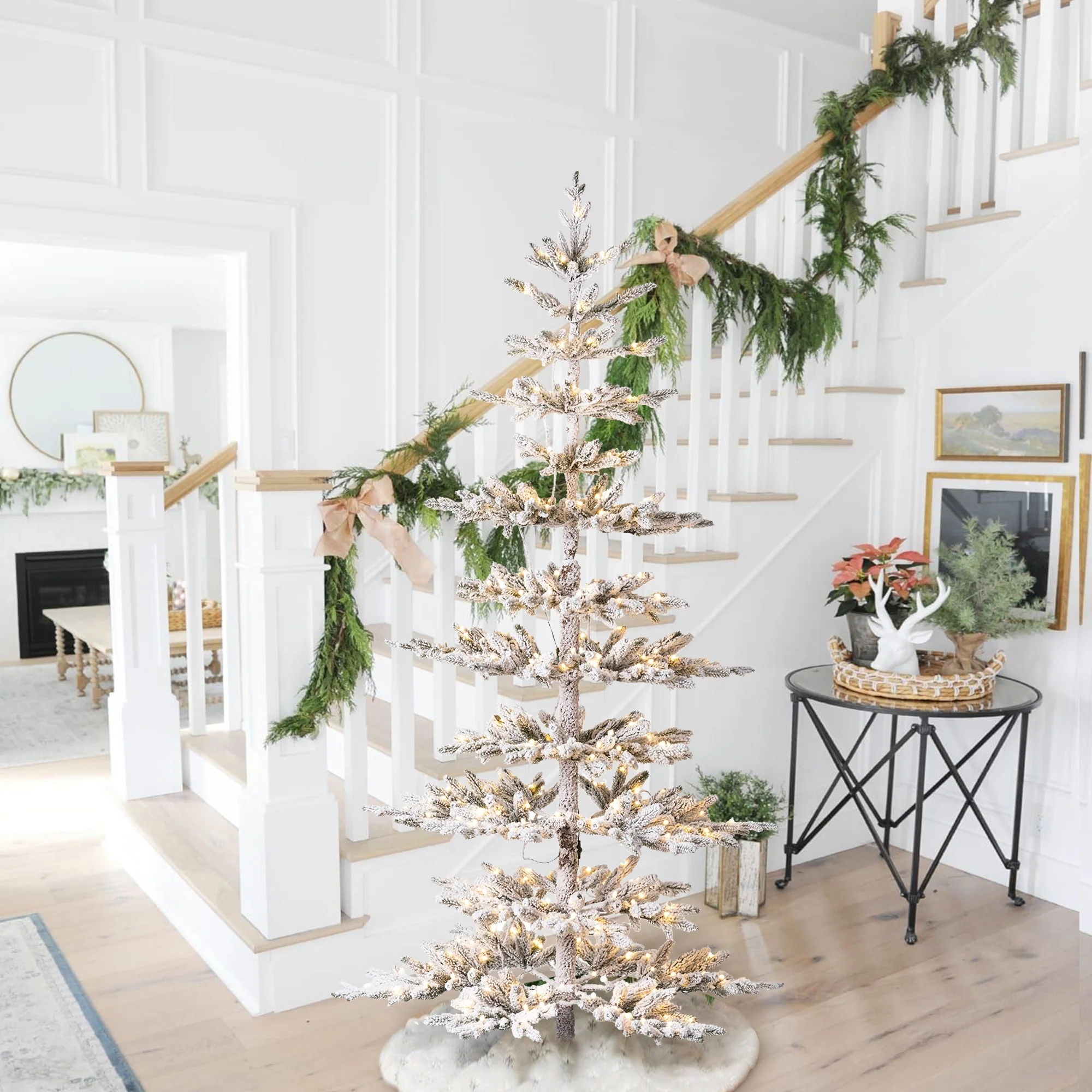 Glitzhome 6ft/7ft/9ft Deluxe Pre-Lit Flocked Slim Fir Artificial Christmas Tree with Warm White Lights