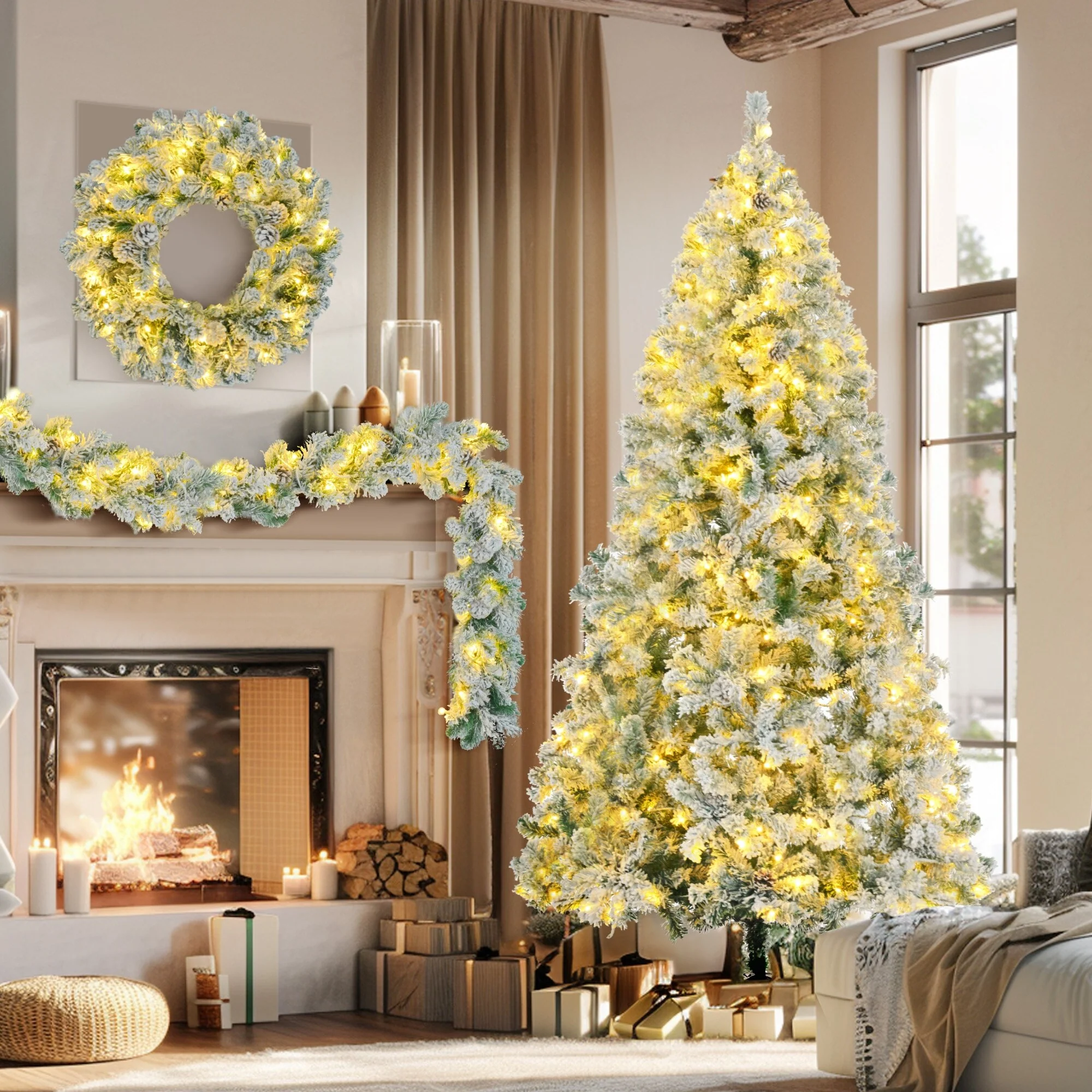 6FT Snow Flocked Christmas Tree with Pre-Lit Wreath and Garland, 8 Lighting Modes, Colorful LED Lights, Festive Holiday Decor