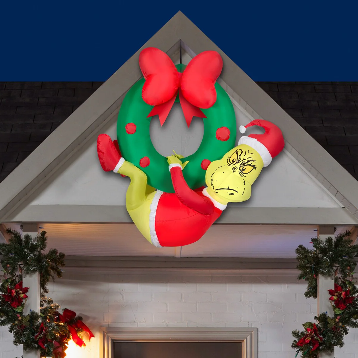 Gemmy Christmas Airblown Inflatable Grinch Hanging from Wreath Dr. Seuss, 4 ft Tall, Green