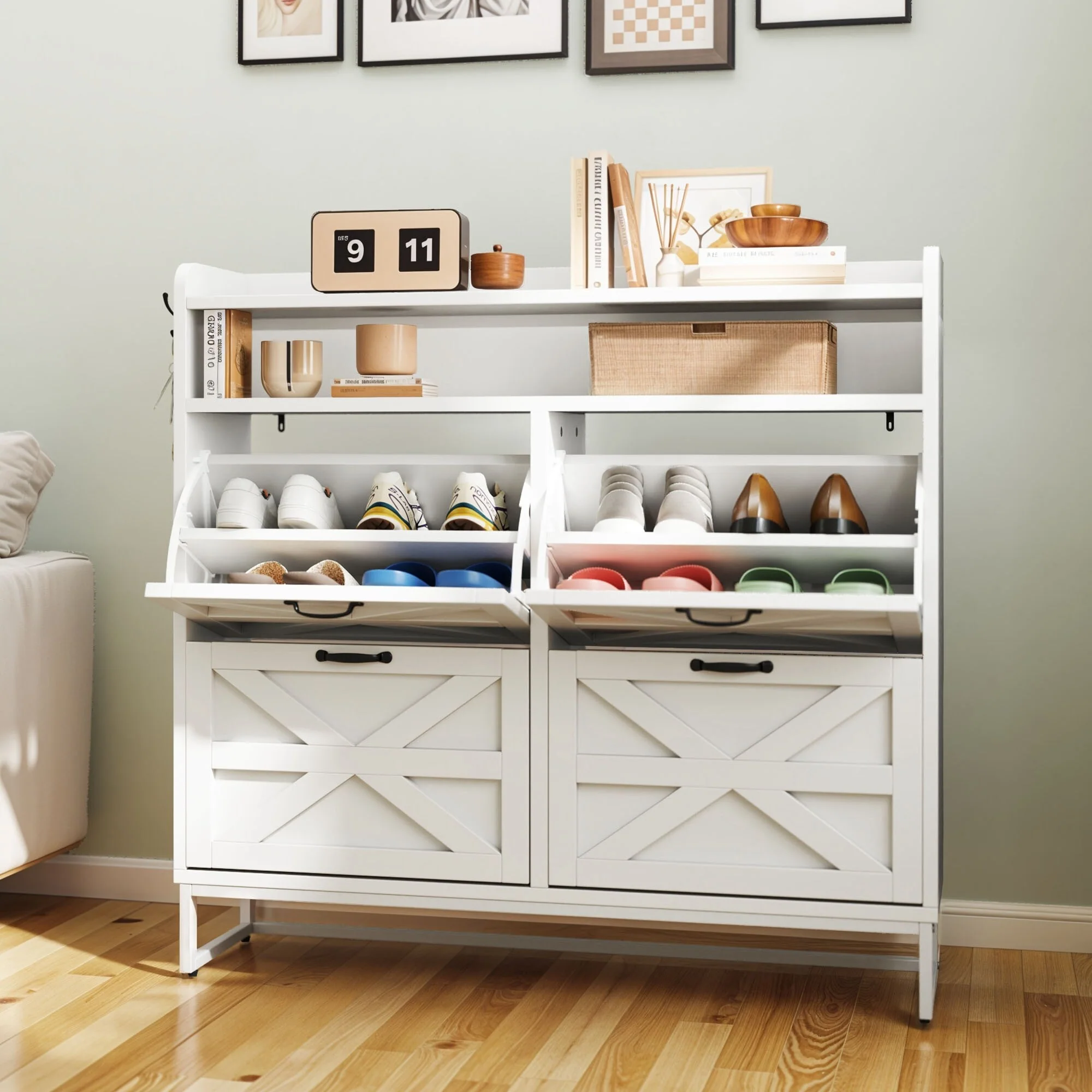 Moasis 24 Pairs Farmhouse Shoe Storage Cabinet 4 Flip Drawers Shoe Organizer