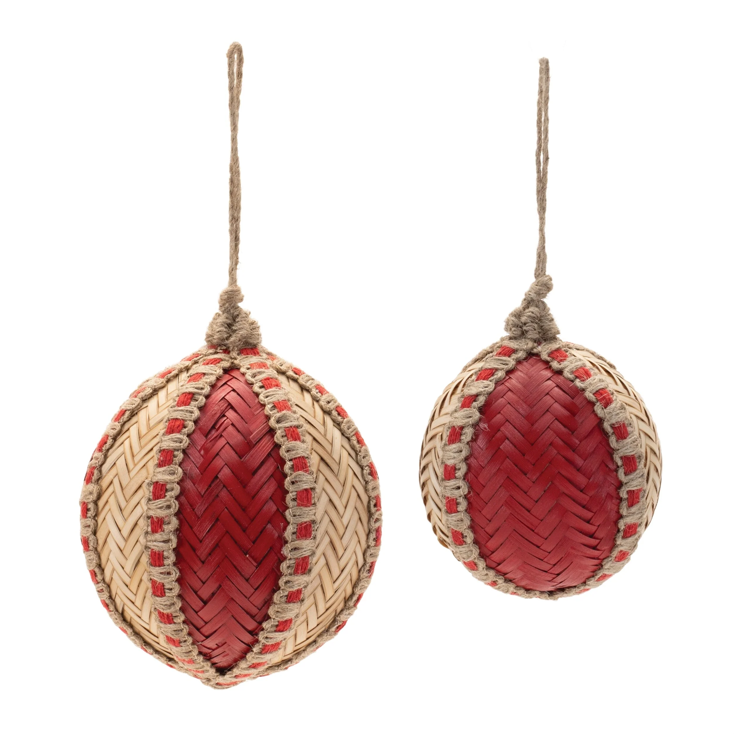Set of 4 Woven Wicker Ball Ornaments with Jute Rope Hangers for Indoor Holiday Decor - 4.5”L x 4.5”W x 5.75”H