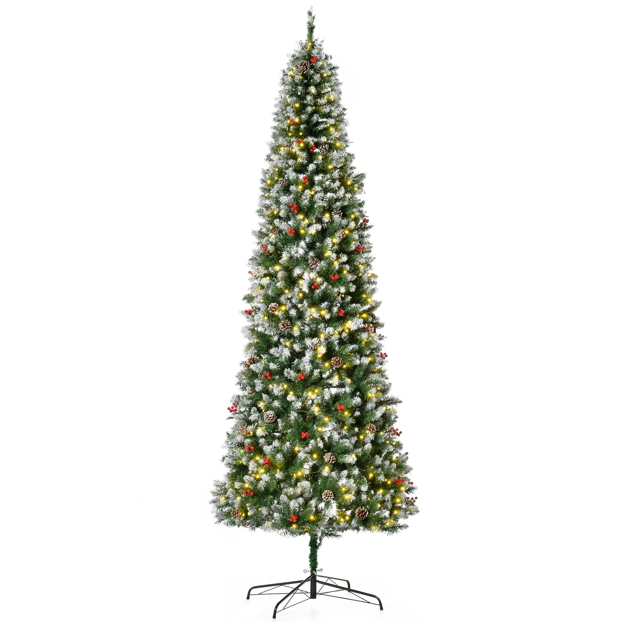 9ft Realistic Snow-Dipped Christmas Tree with LED Lights, Pine Cones, and Red Berries, Easy Assembly