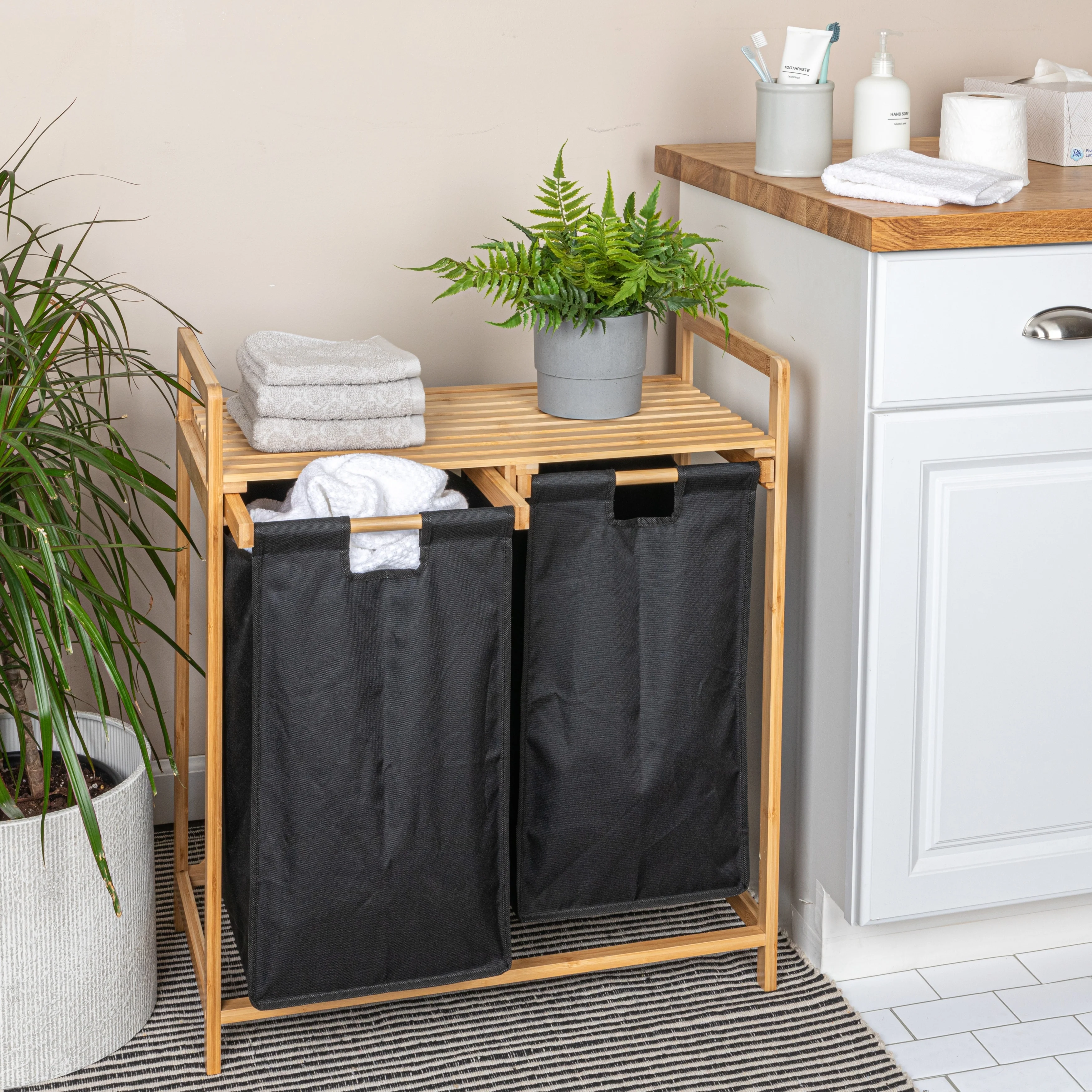 Household Essentials Bamboo Pull Out Double Hamper with Shelf - 25.4