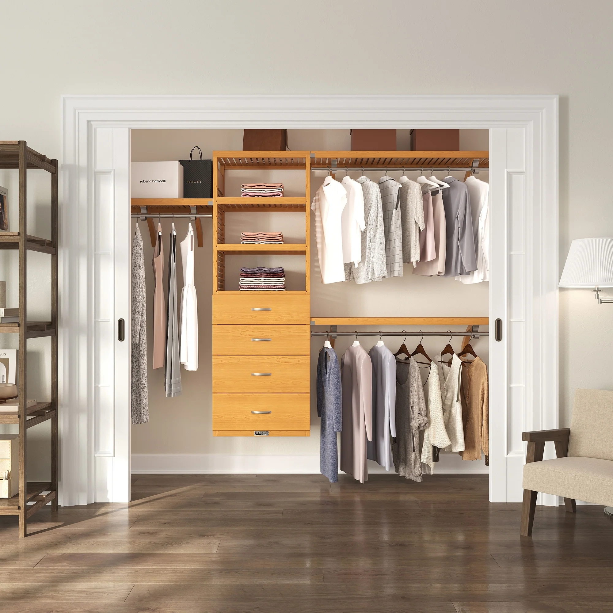 John Louis Home Solid Wood Walk-In Closet System with 4-Drawers Honey Maple