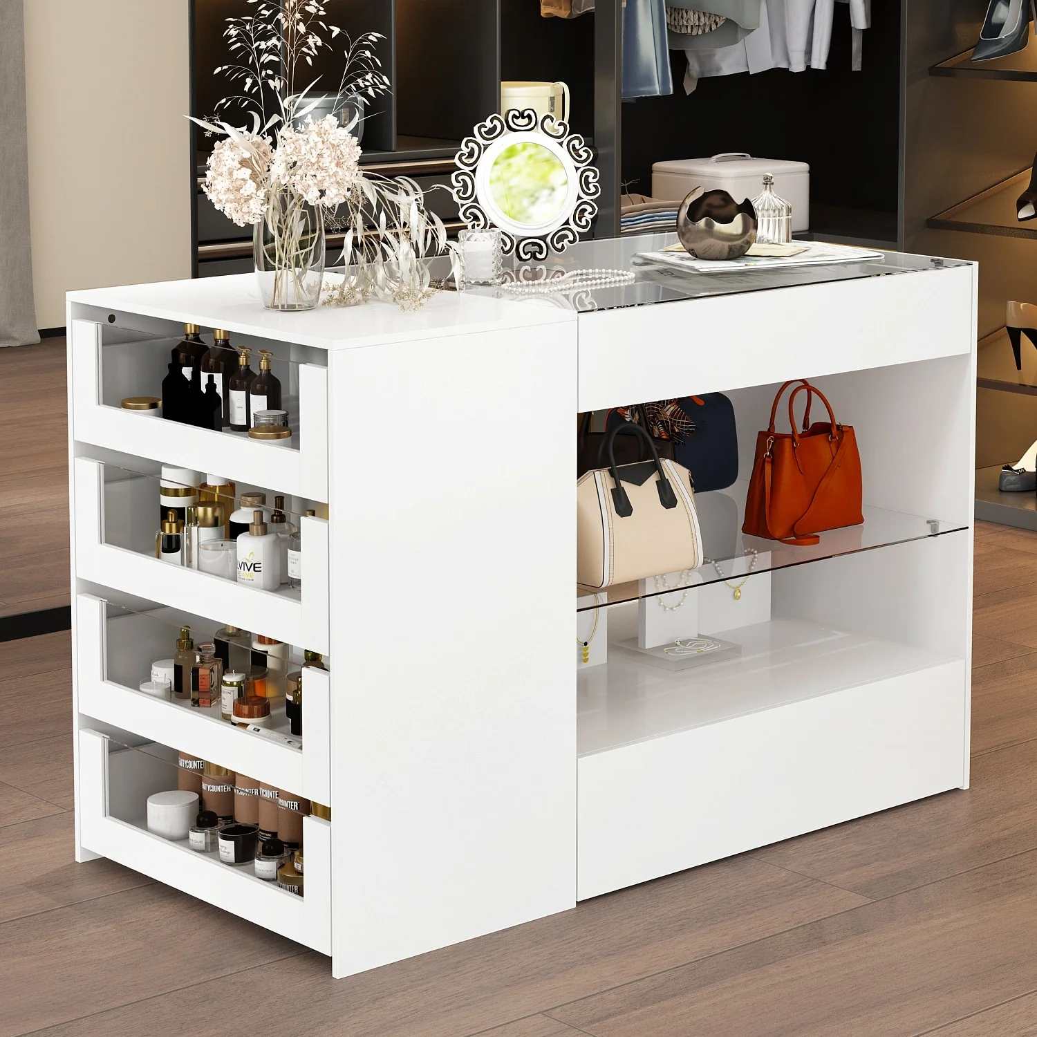 Dressing Island with Glass Shelves Spacious White Organizer Closet - 47.2