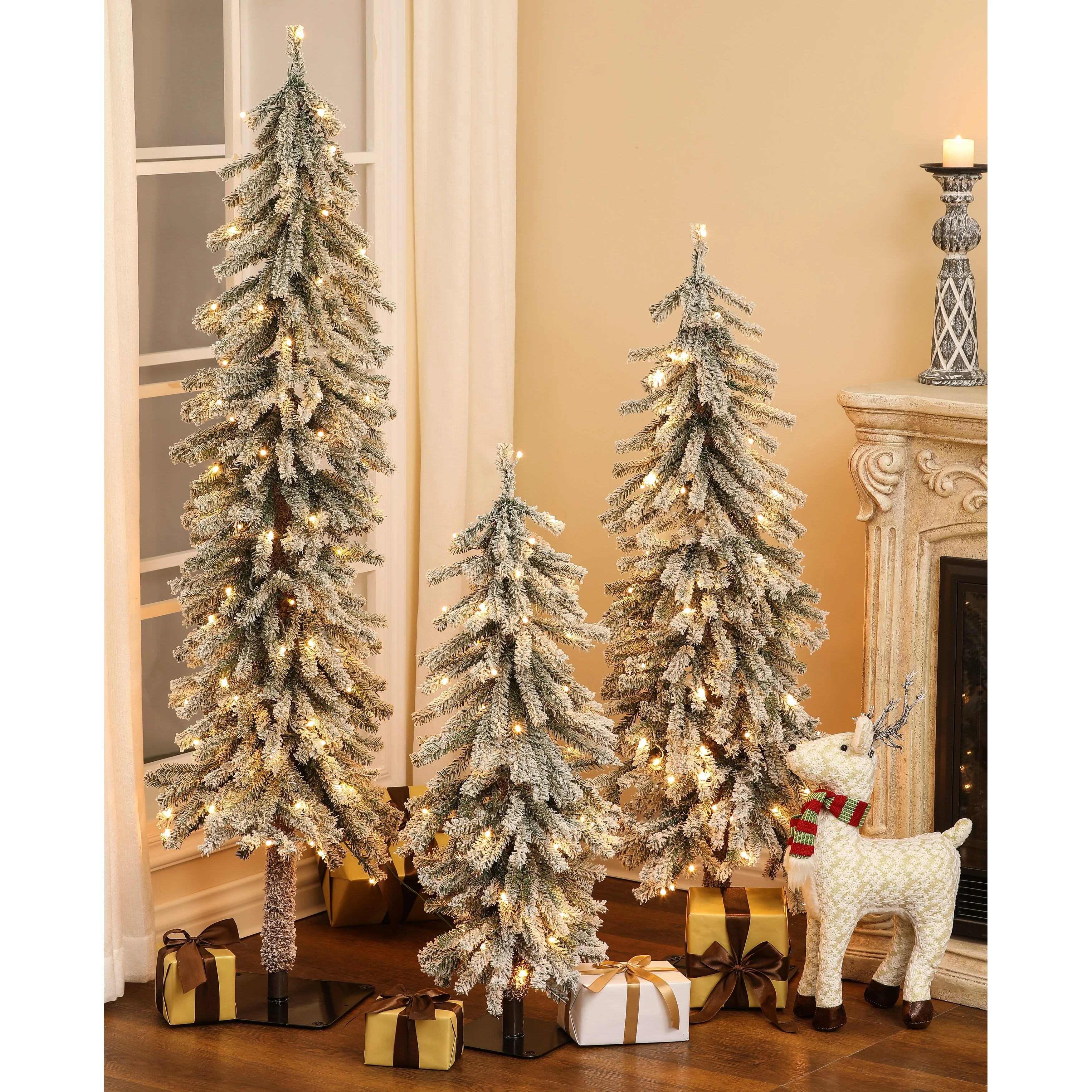 Pre-Lit LED Snow Flocked Fir Slim Artificial Christmas Trees (Set of 3)