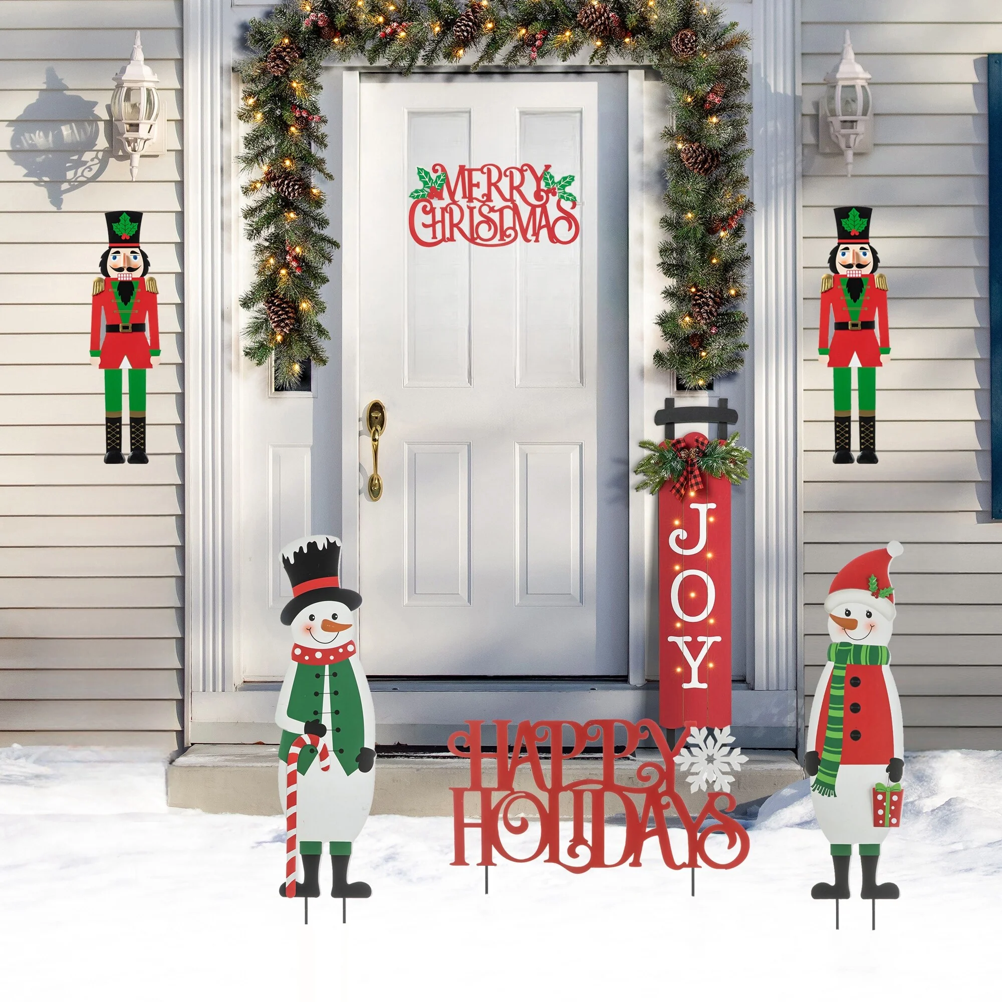 Glitzhome Metal Nutcracker with MERRY CHRISTMAS or Snowman with HAPPY HOLIDAYS Yard Stakes Wall Decor(Set of 3 )