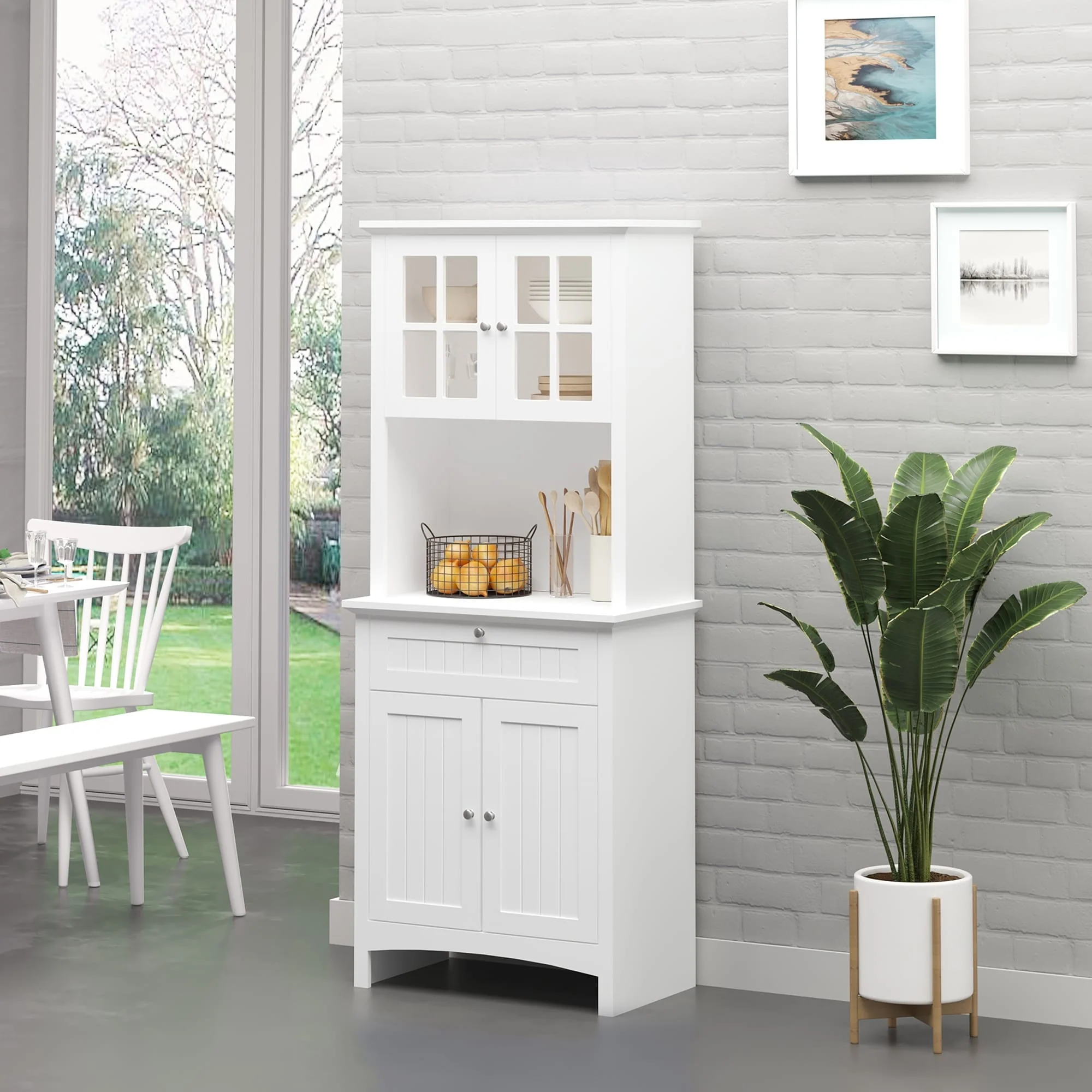 HOMCOM Kitchen Buffet Hutch Wooden Storage Cupboard with Framed Glass Door, Drawer and Microwave Space - 27