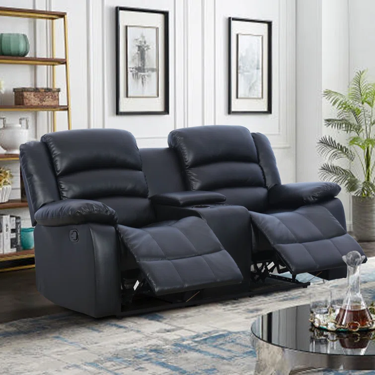 Emryn 71.7'' Wide Modern and Overstuffed Breathable Vegan Leather Manual Reclining Loveseat Sofa with Cup Holder and Storage