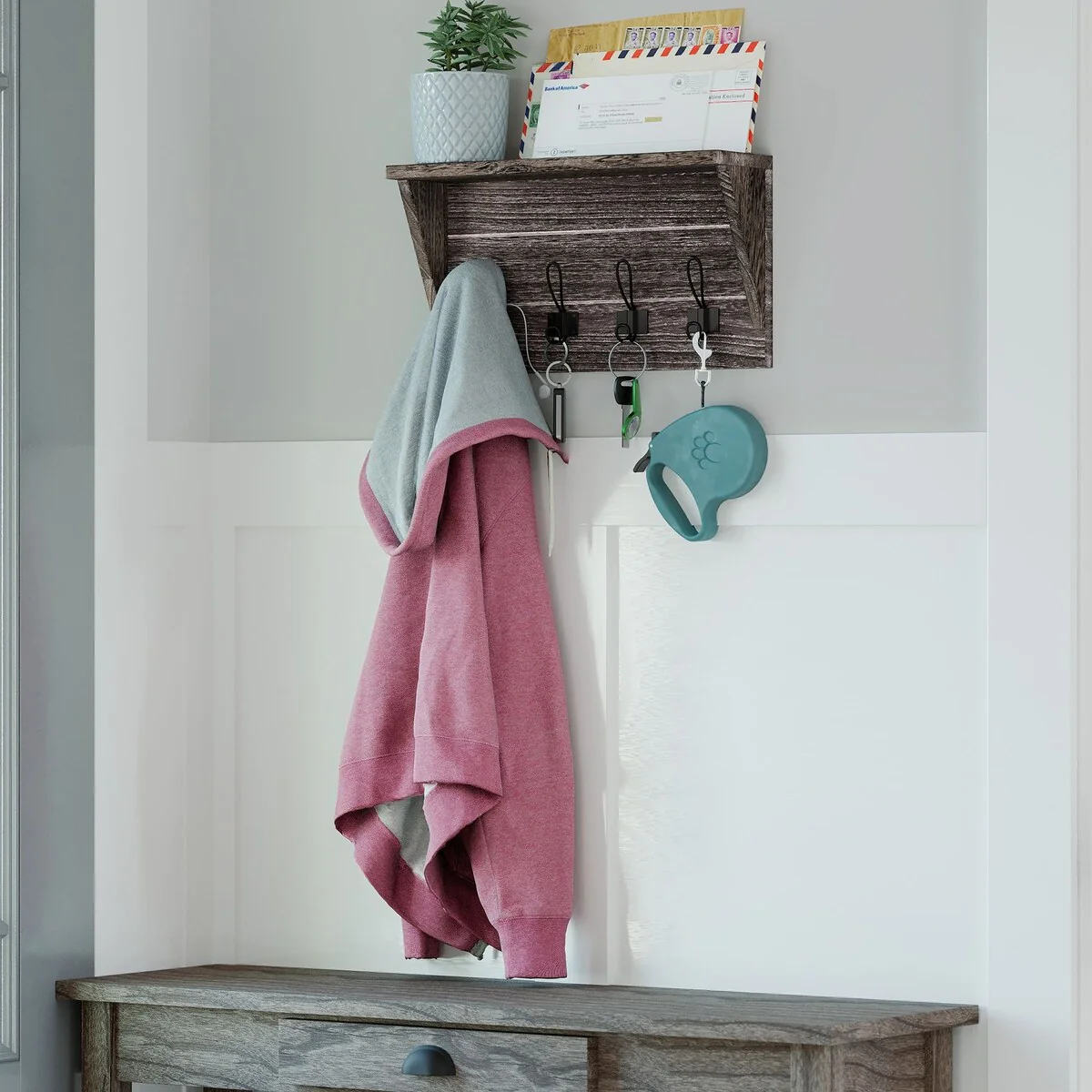 Wallniture 17'' Wood Wall Mounted Coat Rack with Shelf Entryway Mail Organizer Wood Key Holder 8 Hooks - N/A