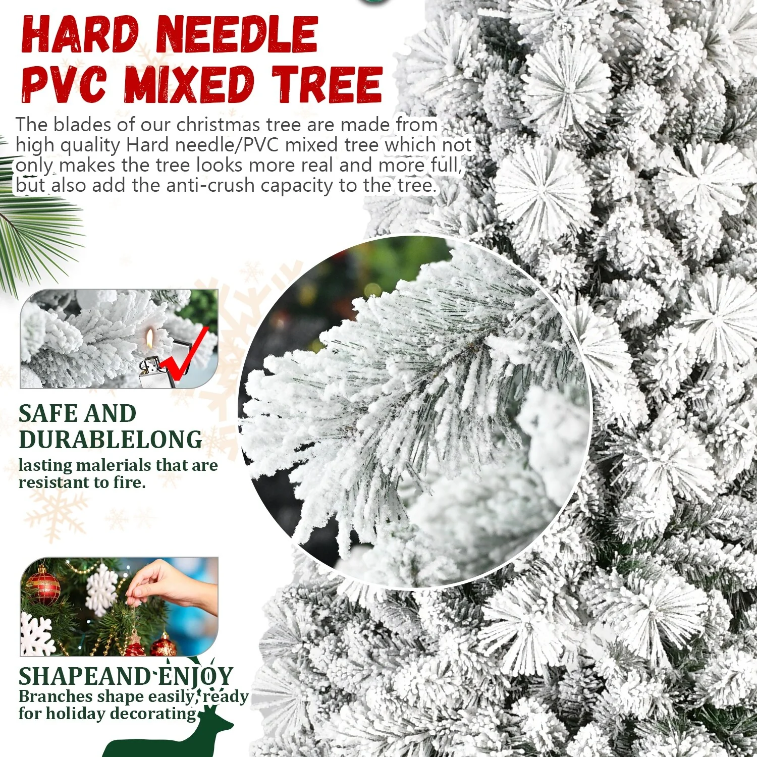 4FT Flocked Christmas Tree with 350 Tips-Snowy PVC & Hard Needle Branches,Hinged Structure for Easy Setup