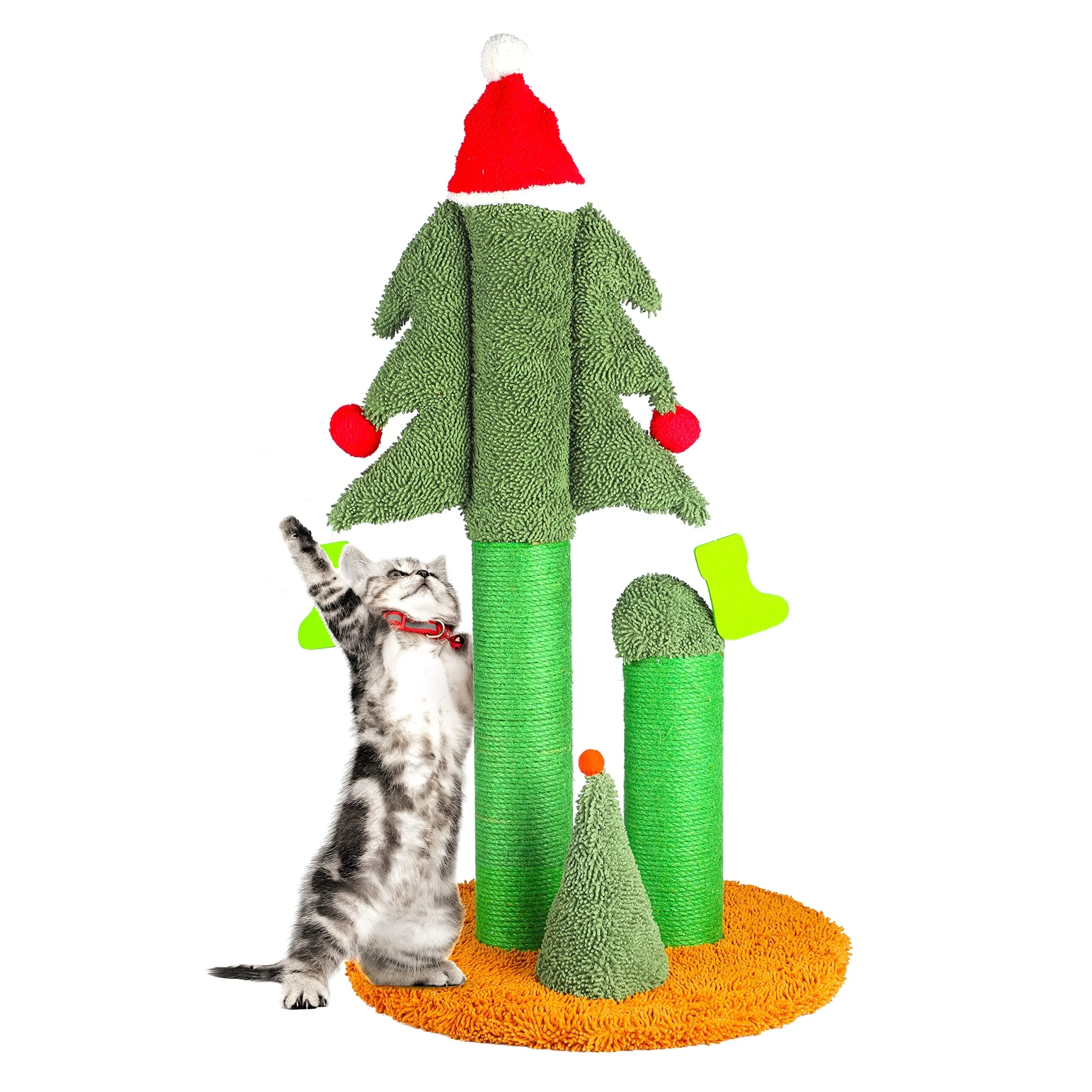 Tall 32'' Christmas Tree Cat Scratcher with 3 Posts and Sisal Rope