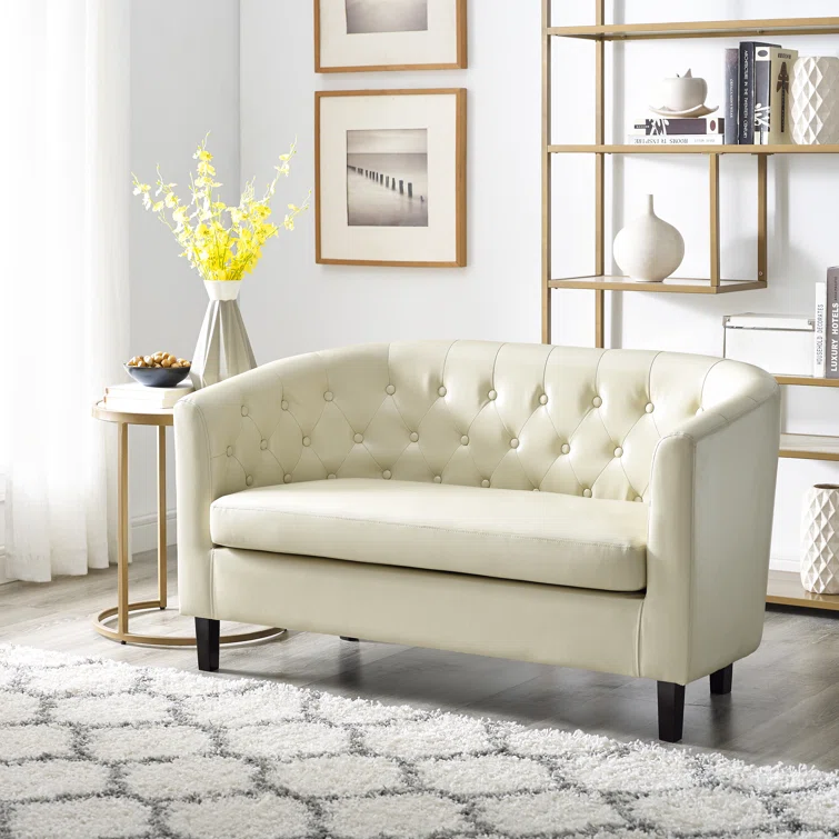 Engelhardt Faux Leather Midcentury Barrel Loveseat 2 Seater Sofa Couch for Bedrooms and Living Room.