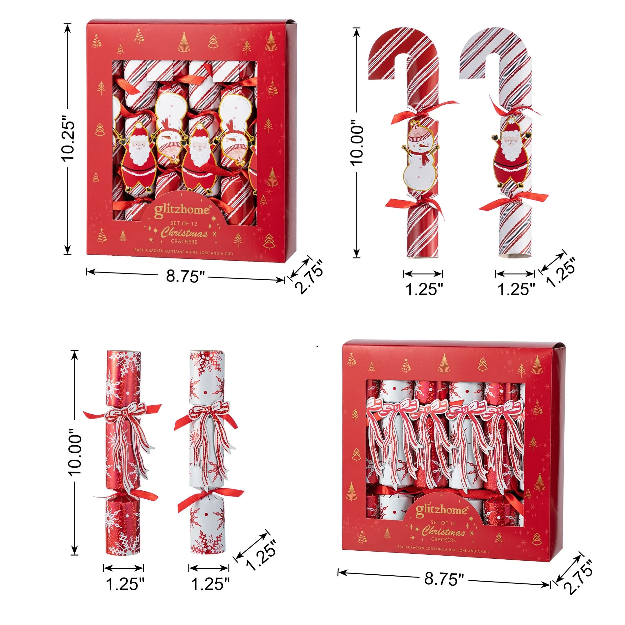 Glitzhome 24PK Christmas Candy Cane & Snowflake with Bow Party Crackers with Gift Contents