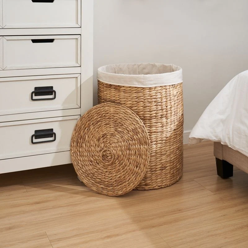 Ludmilla Round Tall Water Hyacinth Woven Wicker Laundry Hamper with Lid 15