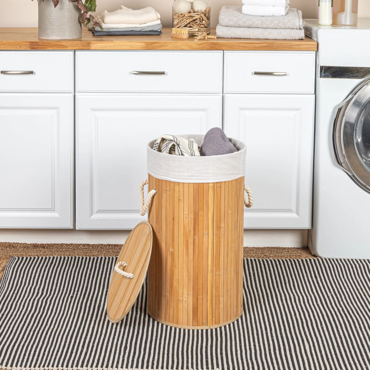 Household Essentials Bamboo Laundry Hamper with Handles and Removable Laundry Bag