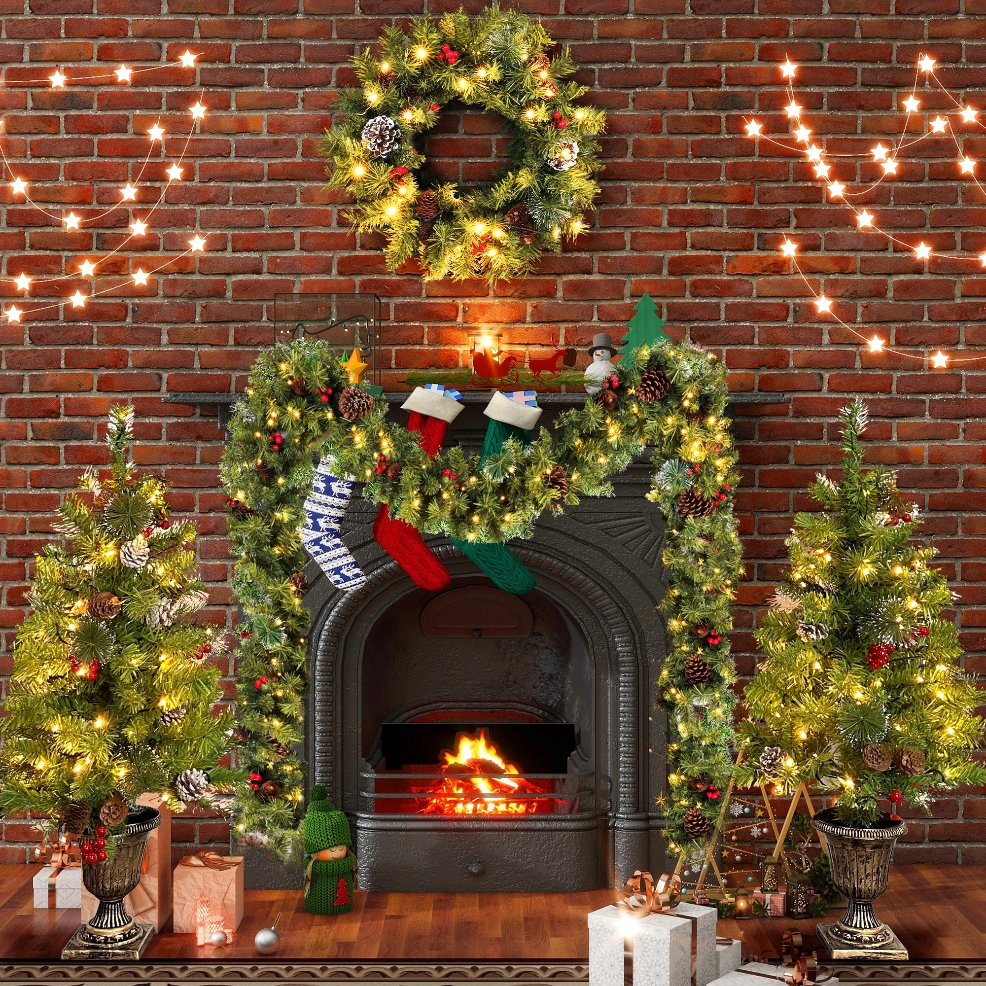 4ft Pre-lit Xmas Tree Set with Wreath, Garland, and Entrance Trees