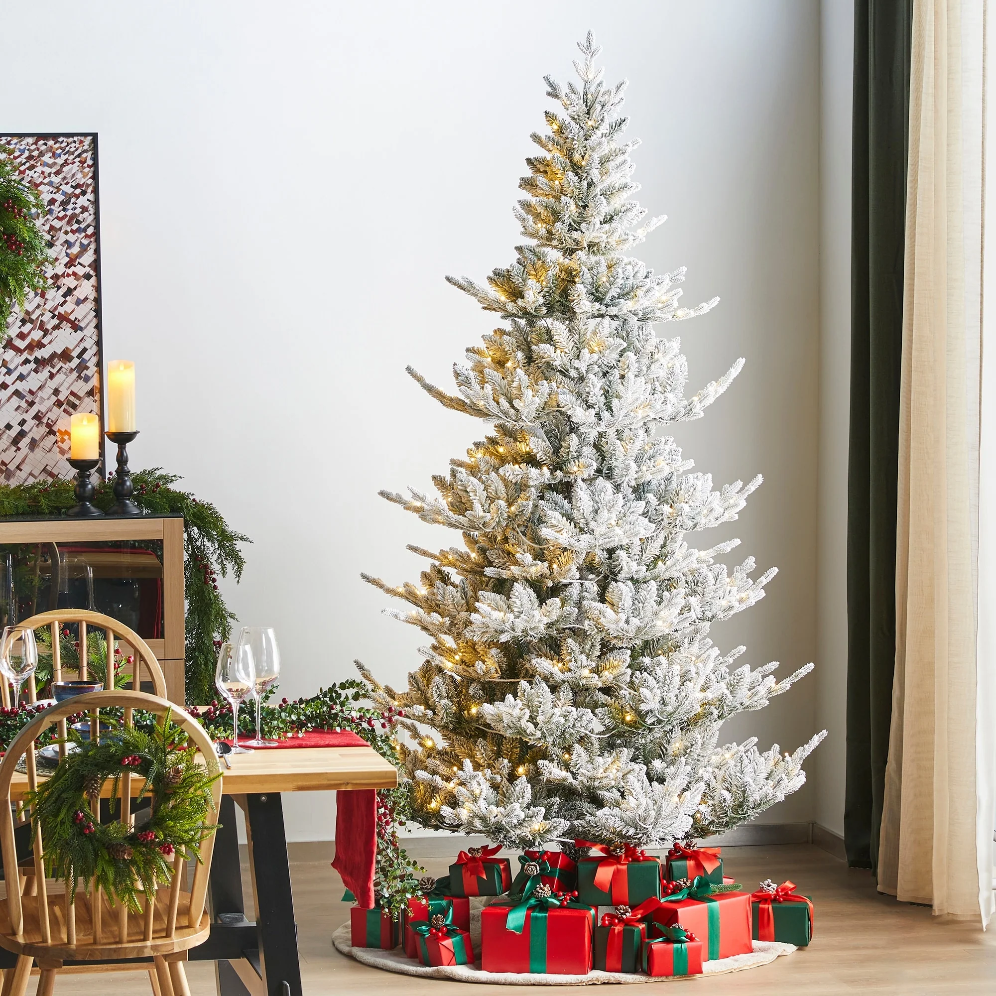 Glitzhome 7.5ft/9ft Pre-Lit Flocked Upward Slim Fir Artificial Christmas Tree with Remote Control